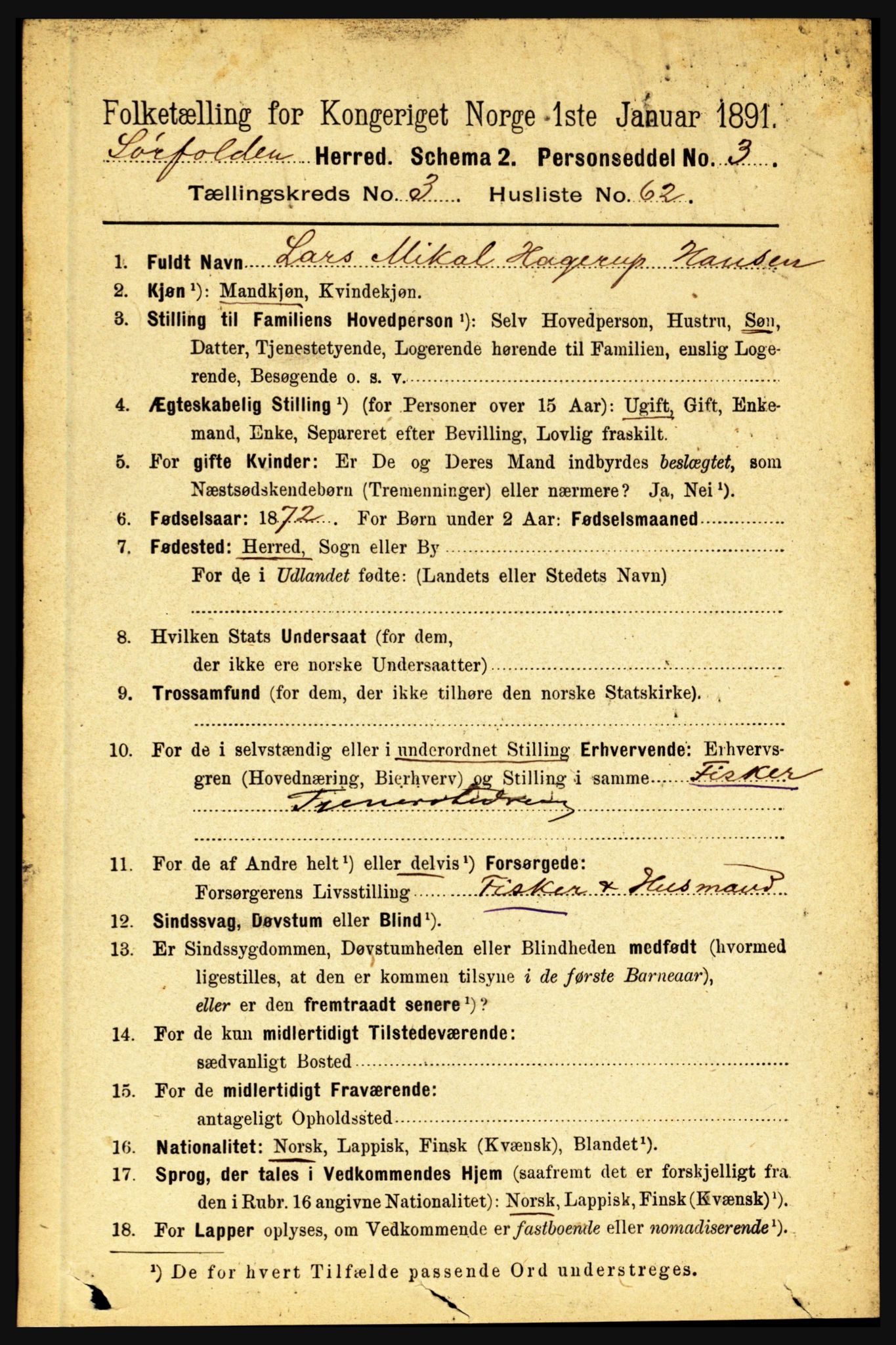 RA, 1891 census for 1845 Sørfold, 1891, p. 892