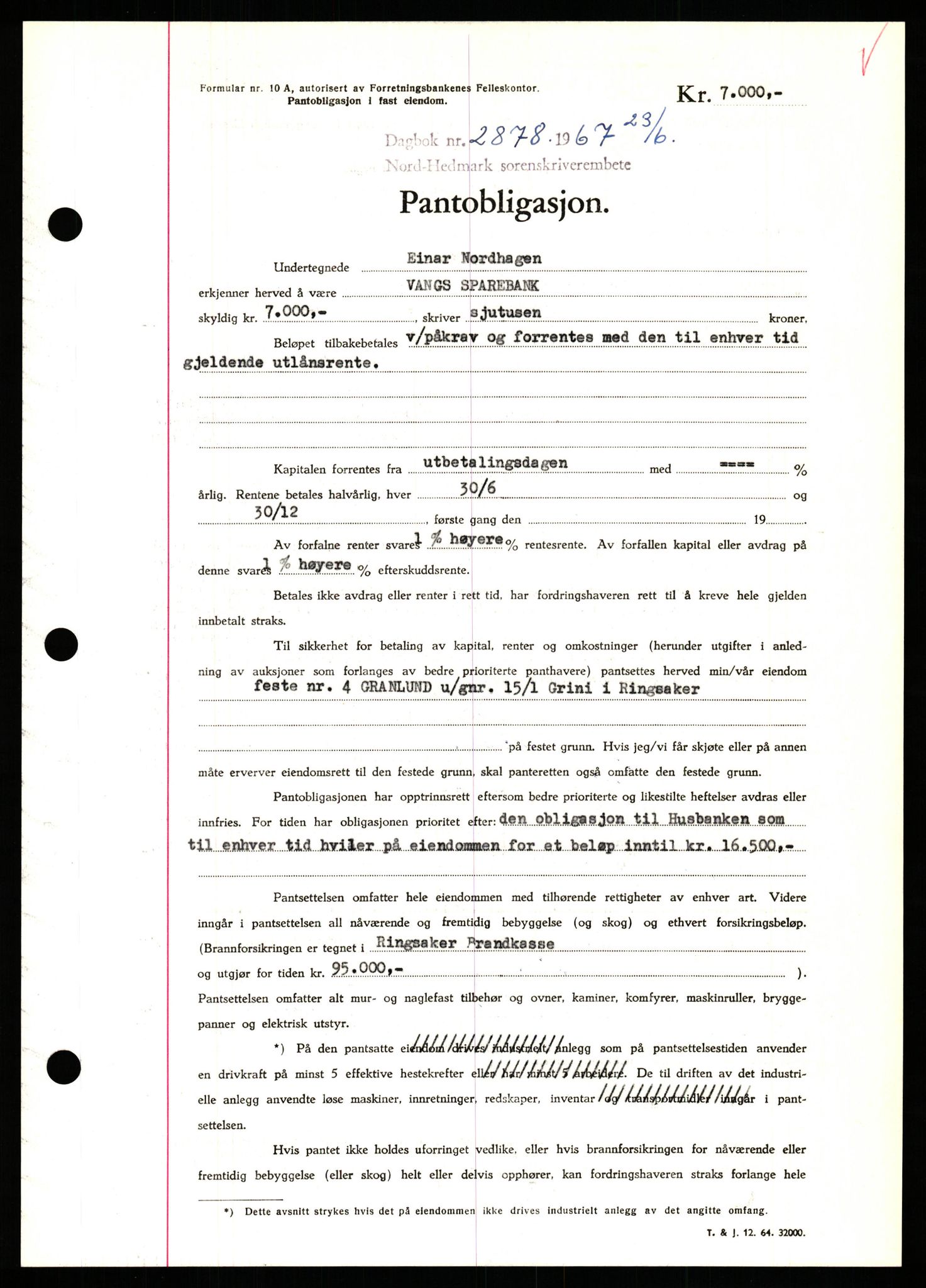 Nord-Hedmark sorenskriveri, SAH/TING-012/H/Hb/Hbf/L0071: Mortgage book no. B71, 1967-1967, Diary no: : 2878/1967