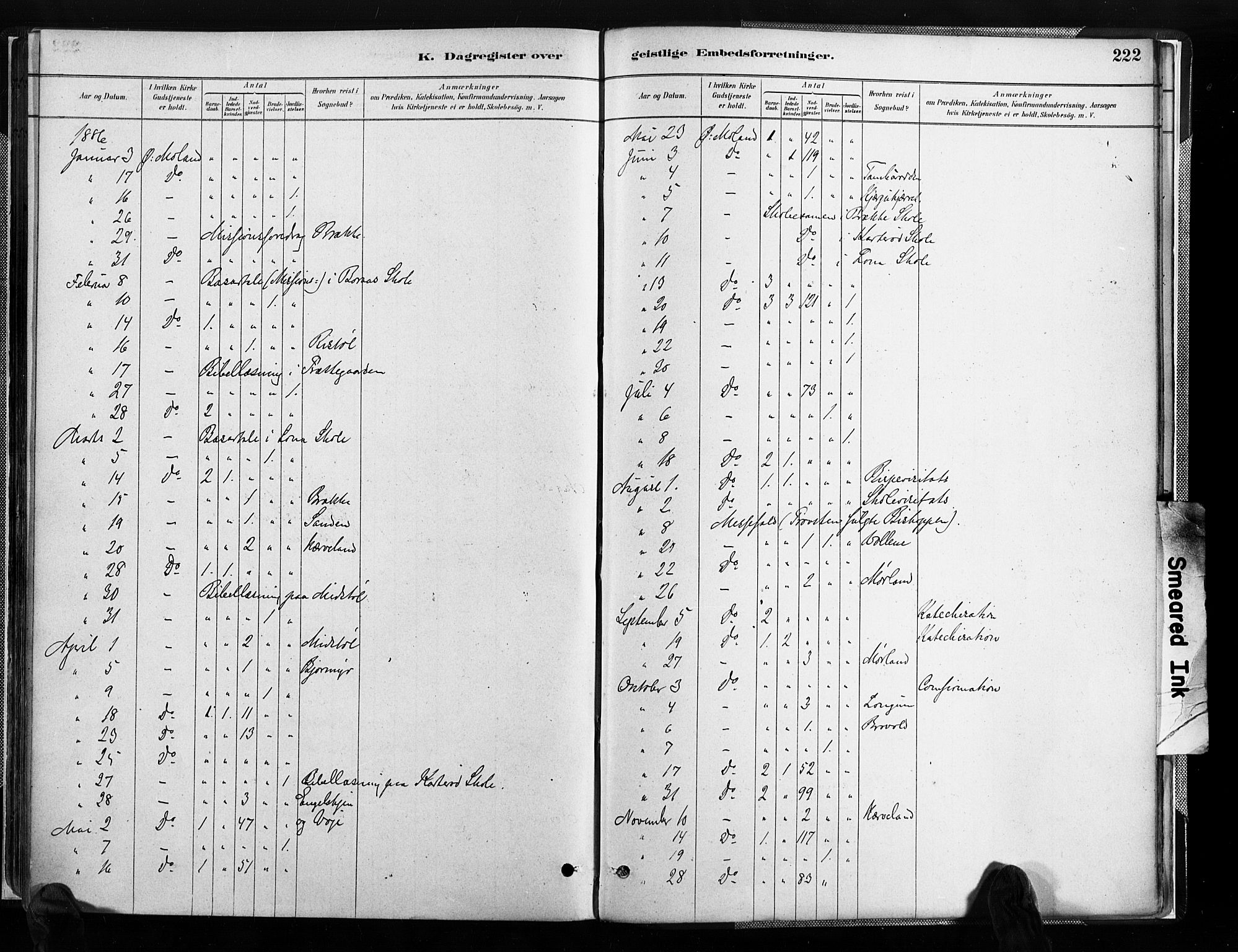 Austre Moland sokneprestkontor, SAK/1111-0001/F/Fa/Faa/L0010: Parish register (official) no. A 10, 1880-1904, p. 222