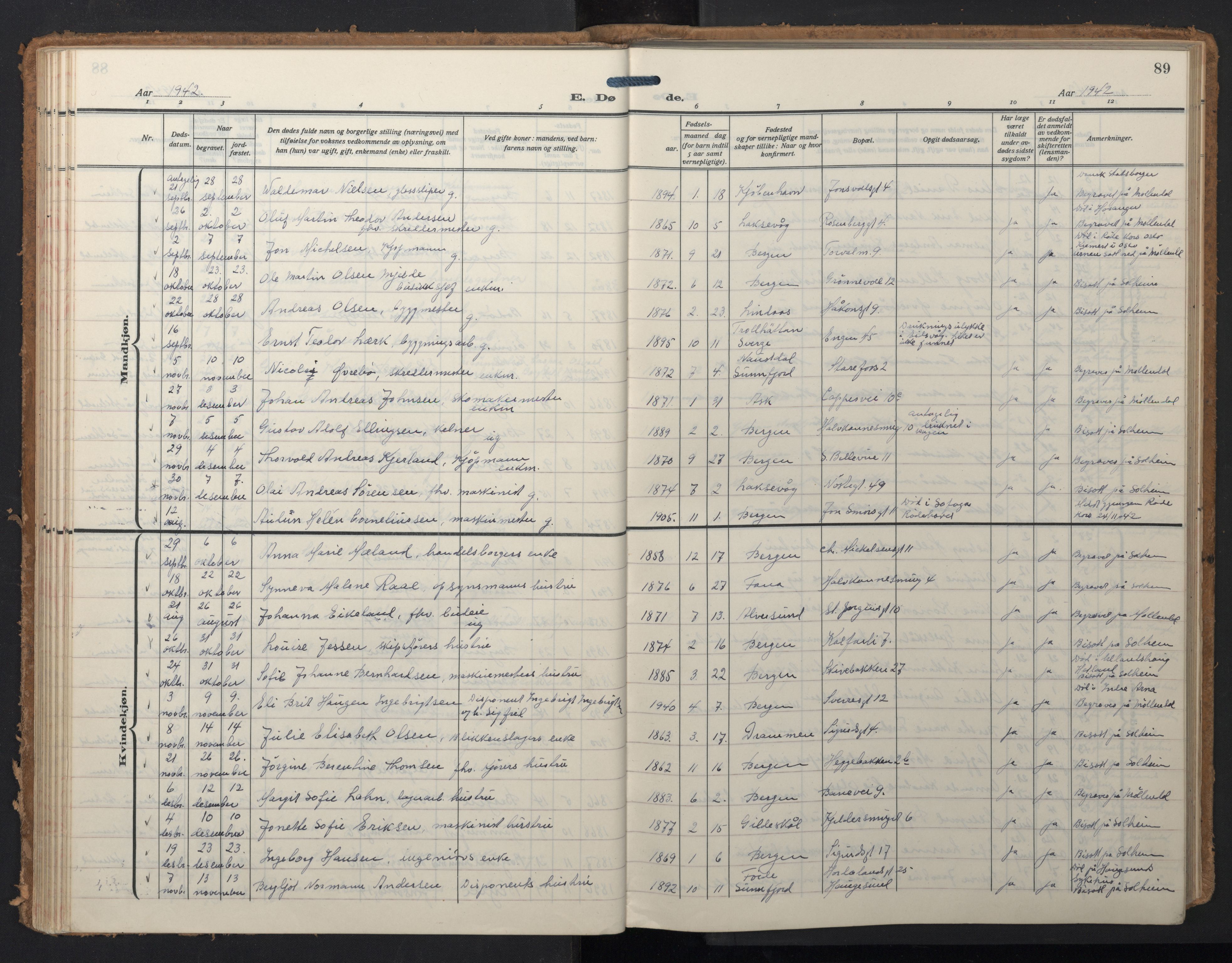 Domkirken sokneprestembete, AV/SAB-A-74801/H/Hab/L0043: Parish register (copy) no. E 7, 1929-1965, p. 88b-89a