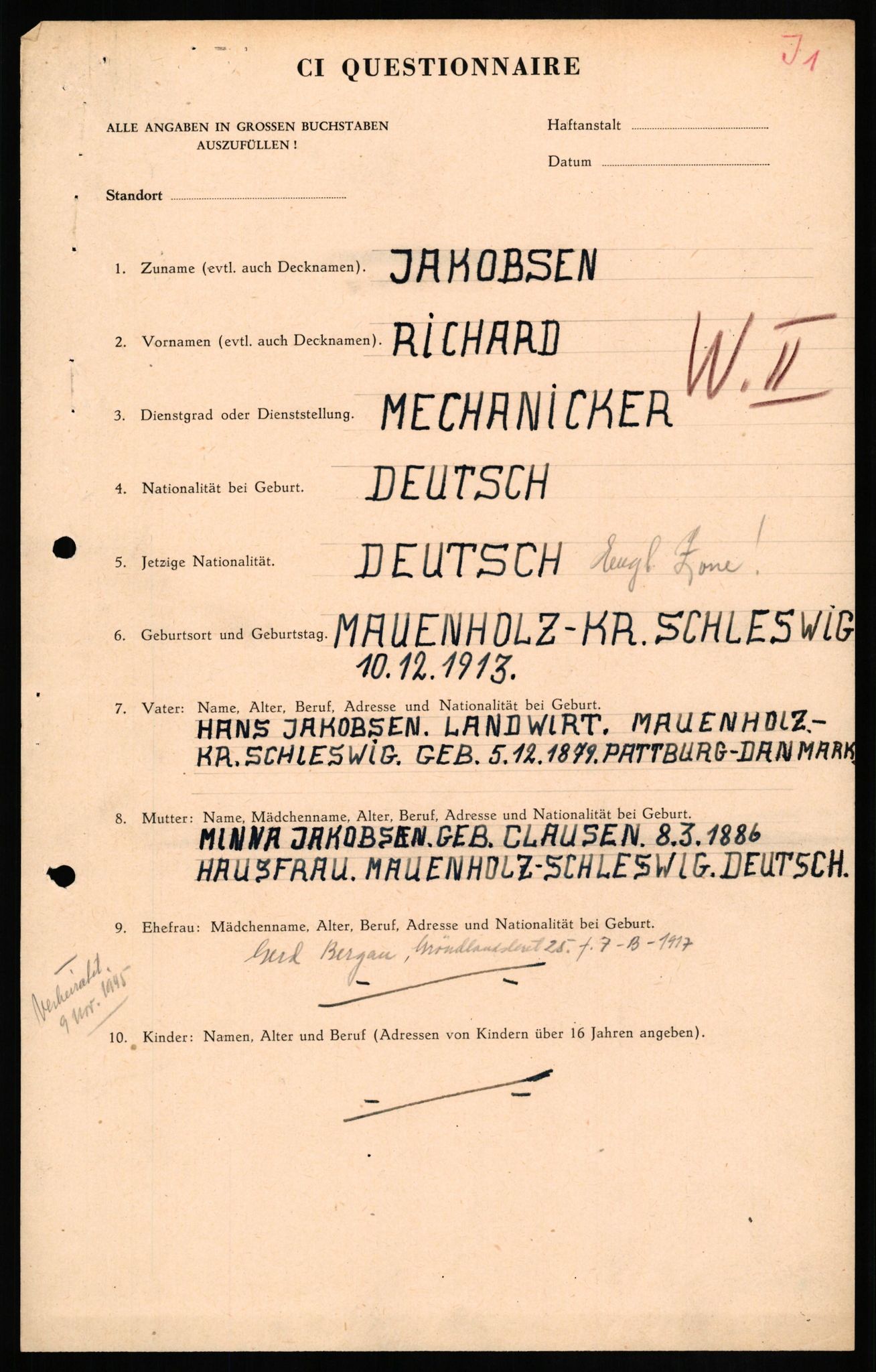 Forsvaret, Forsvarets overkommando II, RA/RAFA-3915/D/Db/L0014: CI Questionaires. Tyske okkupasjonsstyrker i Norge. Tyskere., 1945-1946, p. 480