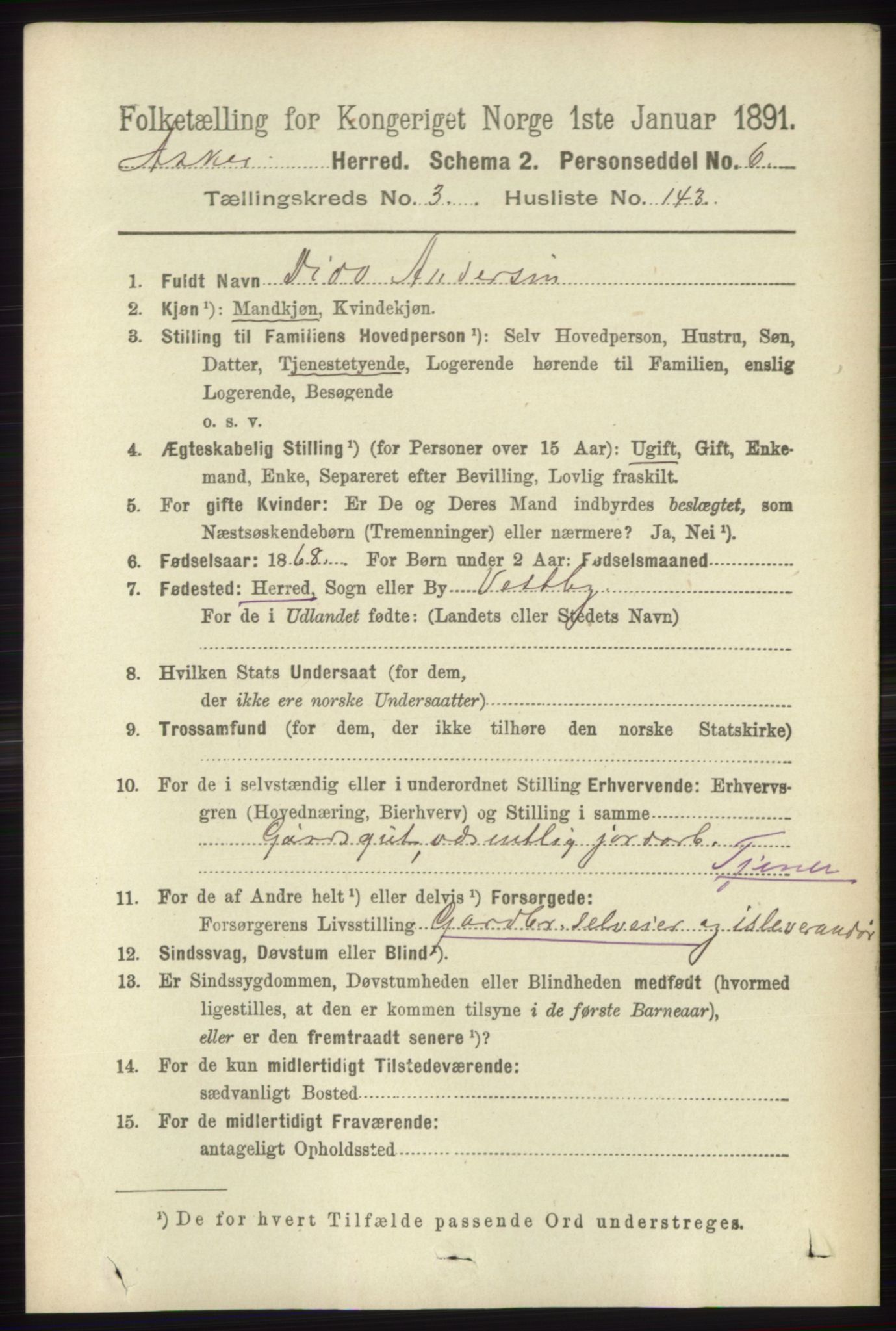 RA, 1891 census for 0220 Asker, 1891, p. 2820