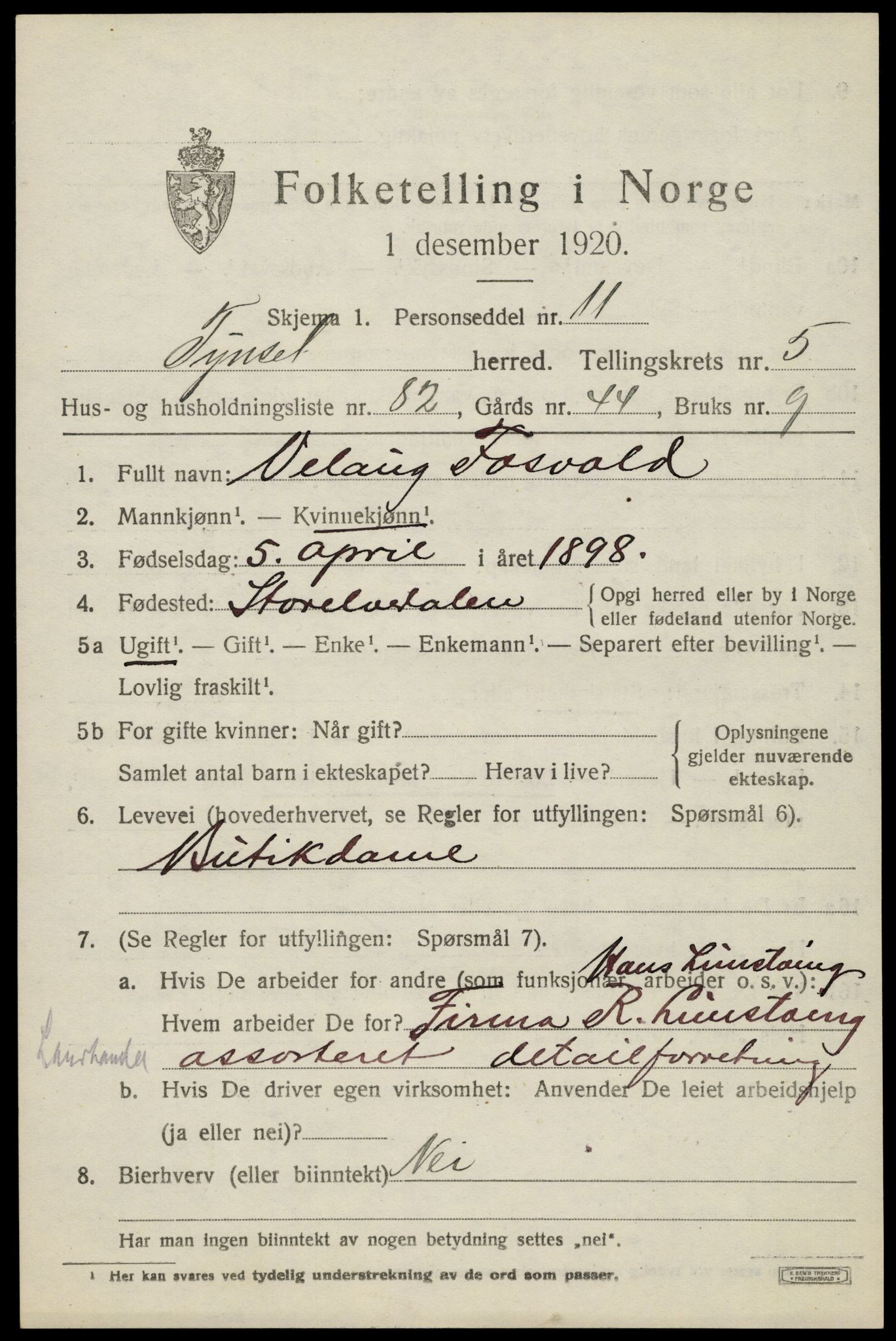 SAH, 1920 census for Tynset, 1920, p. 5500