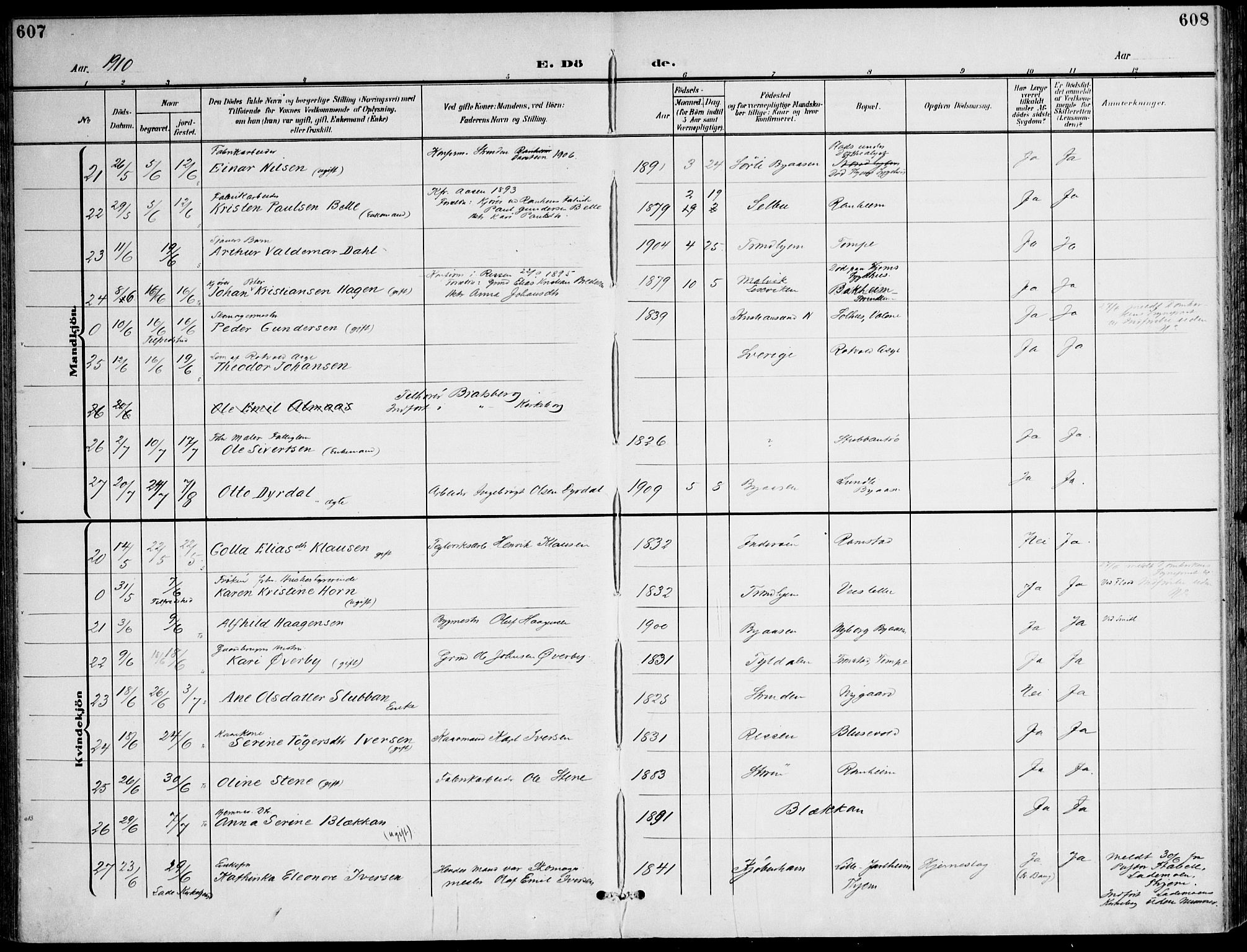 Ministerialprotokoller, klokkerbøker og fødselsregistre - Sør-Trøndelag, SAT/A-1456/607/L0320: Parish register (official) no. 607A04, 1907-1915, p. 607-608