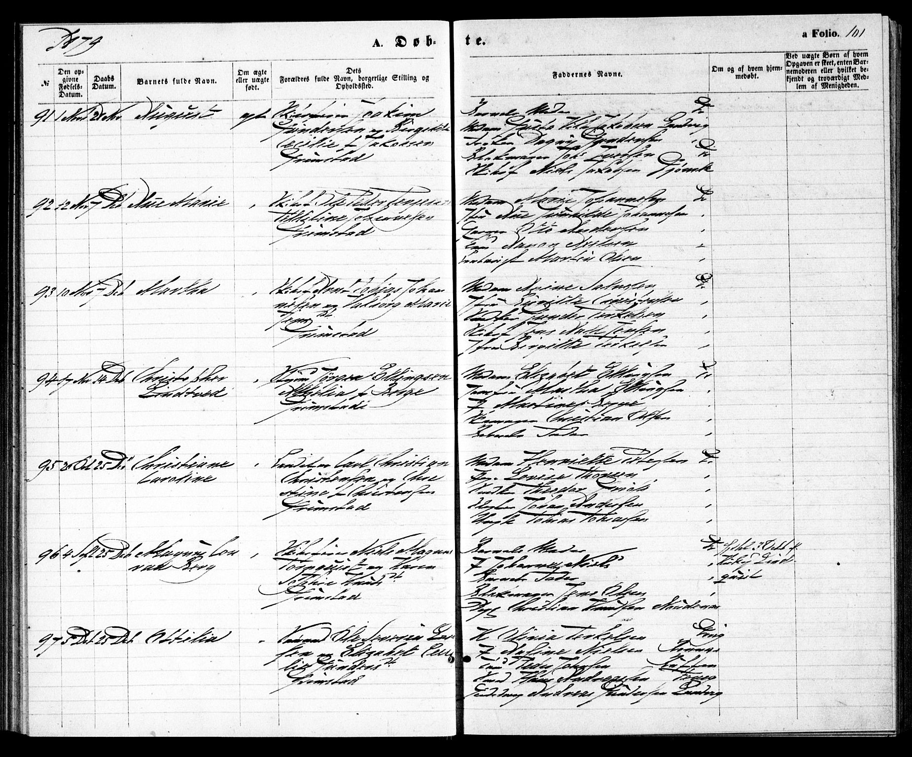 Grimstad sokneprestkontor, SAK/1111-0017/F/Fa/L0002: Parish register (official) no. A 1, 1869-1881, p. 101