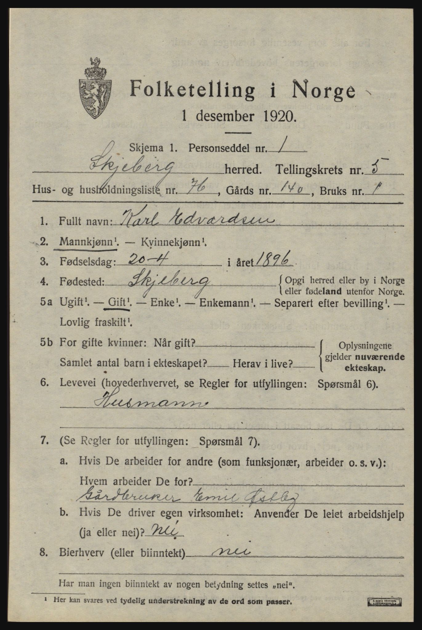 SAO, 1920 census for Skjeberg, 1920, p. 6583