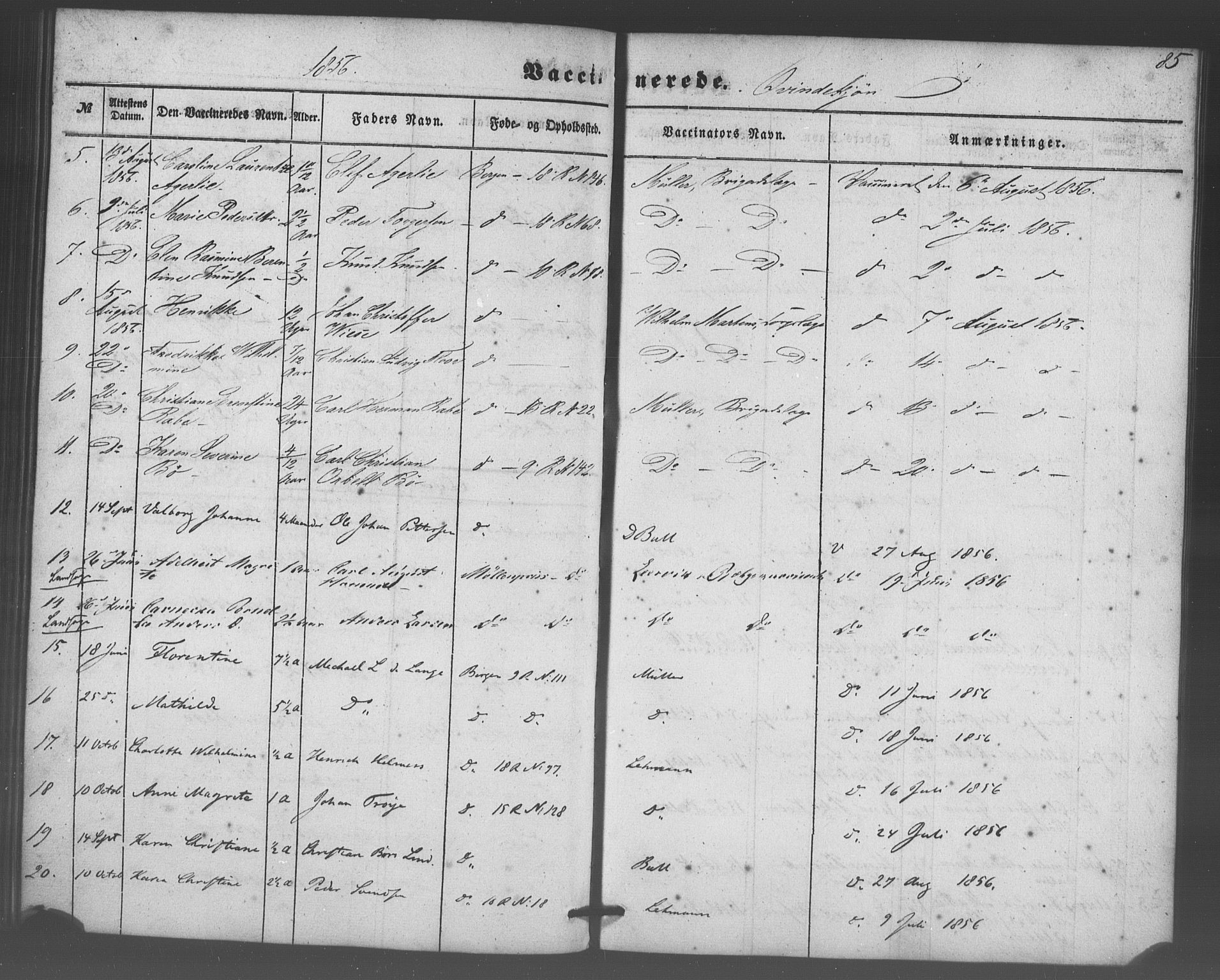 Domkirken sokneprestembete, AV/SAB-A-74801/H/Haa/L0047: Parish register (official) no. F 2, 1852-1868, p. 85