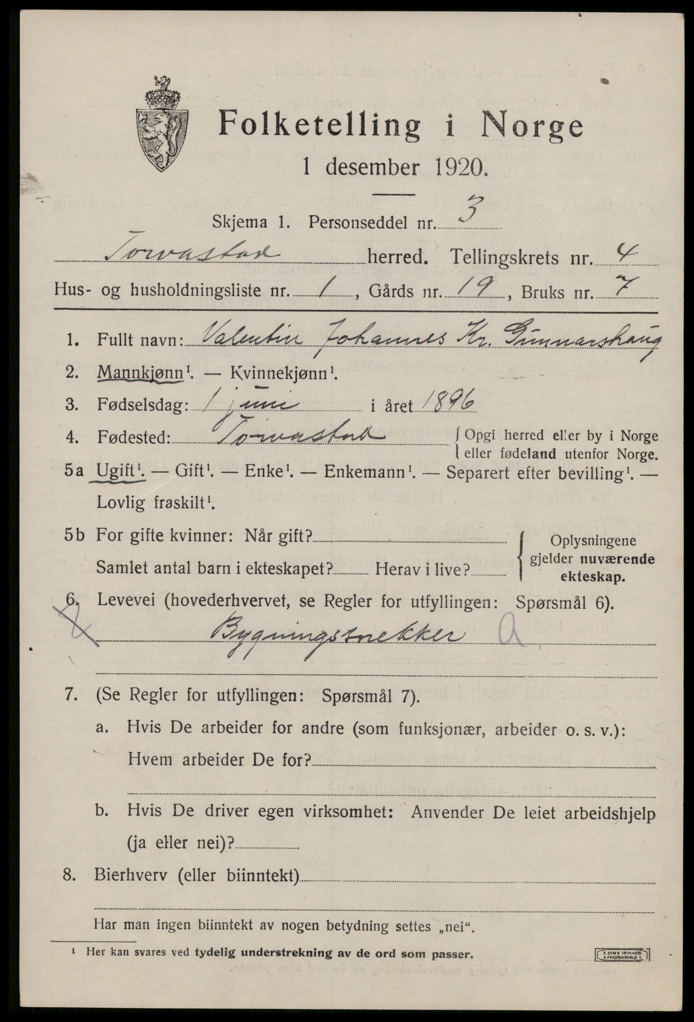 SAST, 1920 census for Torvastad, 1920, p. 3622