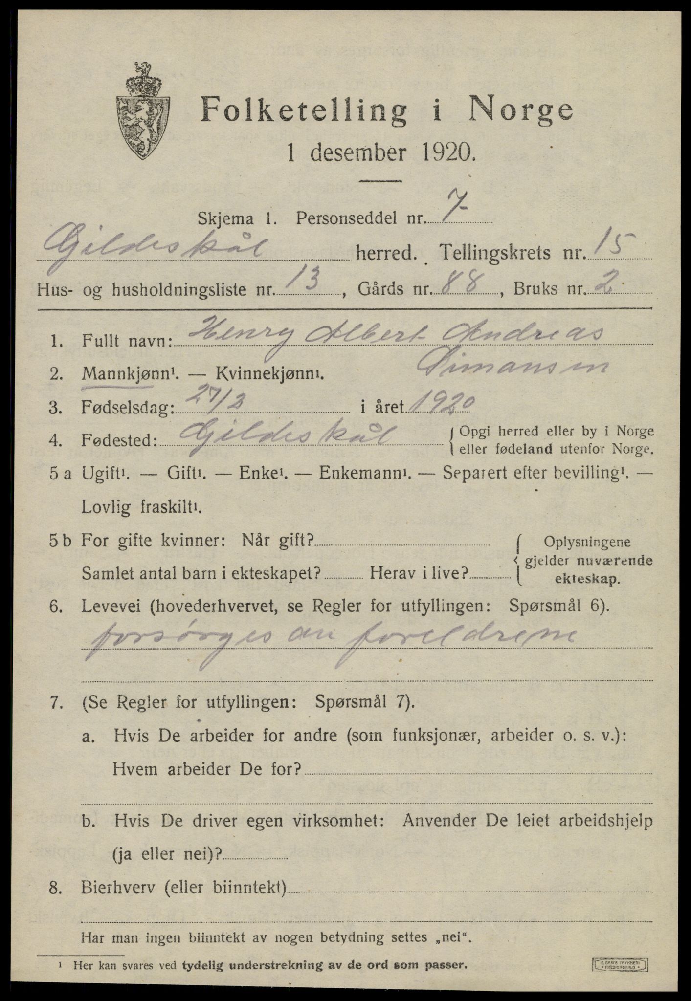 SAT, 1920 census for Gildeskål, 1920, p. 9892