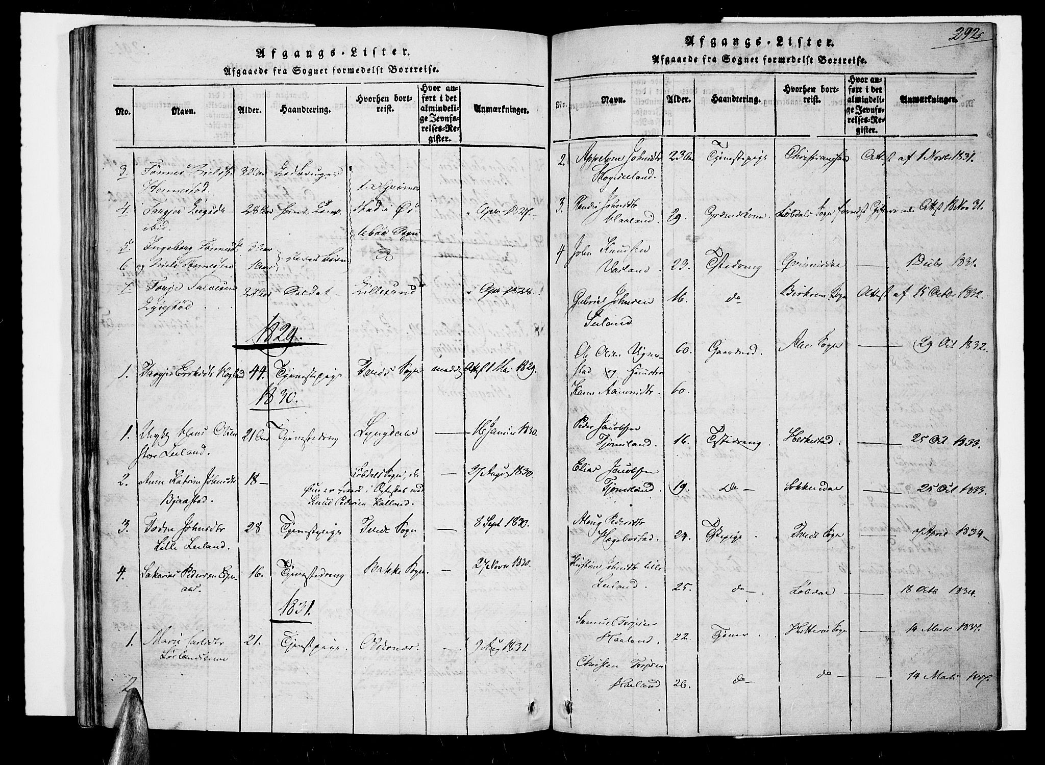 Nord-Audnedal sokneprestkontor, SAK/1111-0032/F/Fa/Fab/L0001: Parish register (official) no. A 1, 1816-1858, p. 292