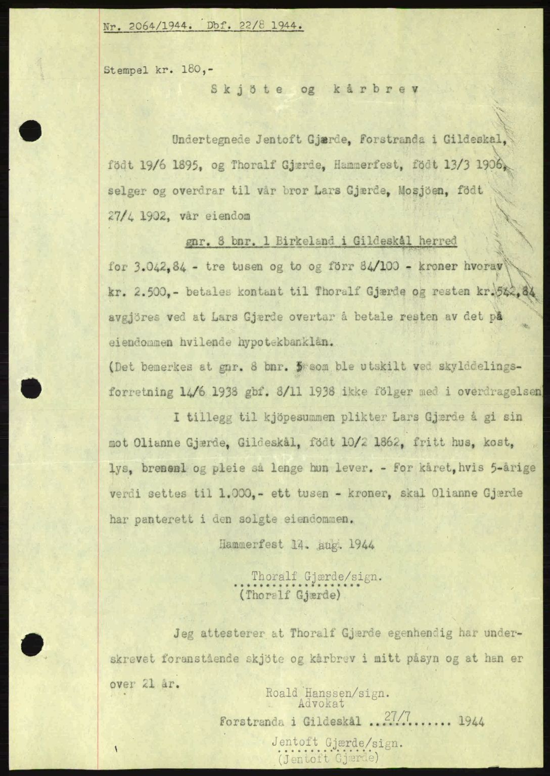 Salten sorenskriveri, SAT/A-4578/1/2/2C: Mortgage book no. A14-15, 1943-1945, Diary no: : 2064/1944