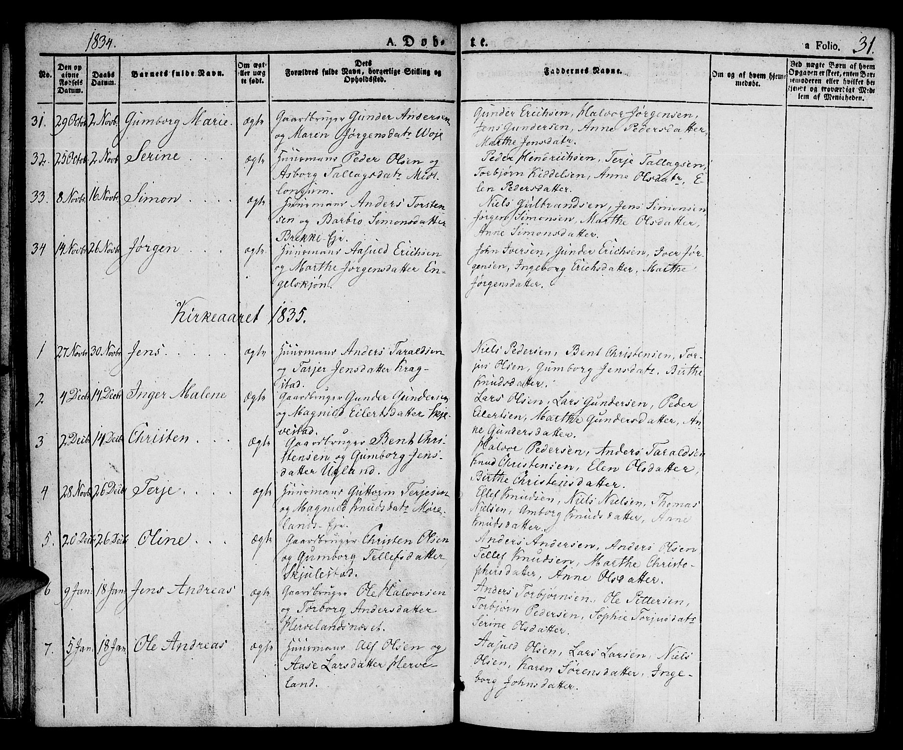 Austre Moland sokneprestkontor, SAK/1111-0001/F/Fa/Faa/L0005: Parish register (official) no. A 5, 1825-1837, p. 31
