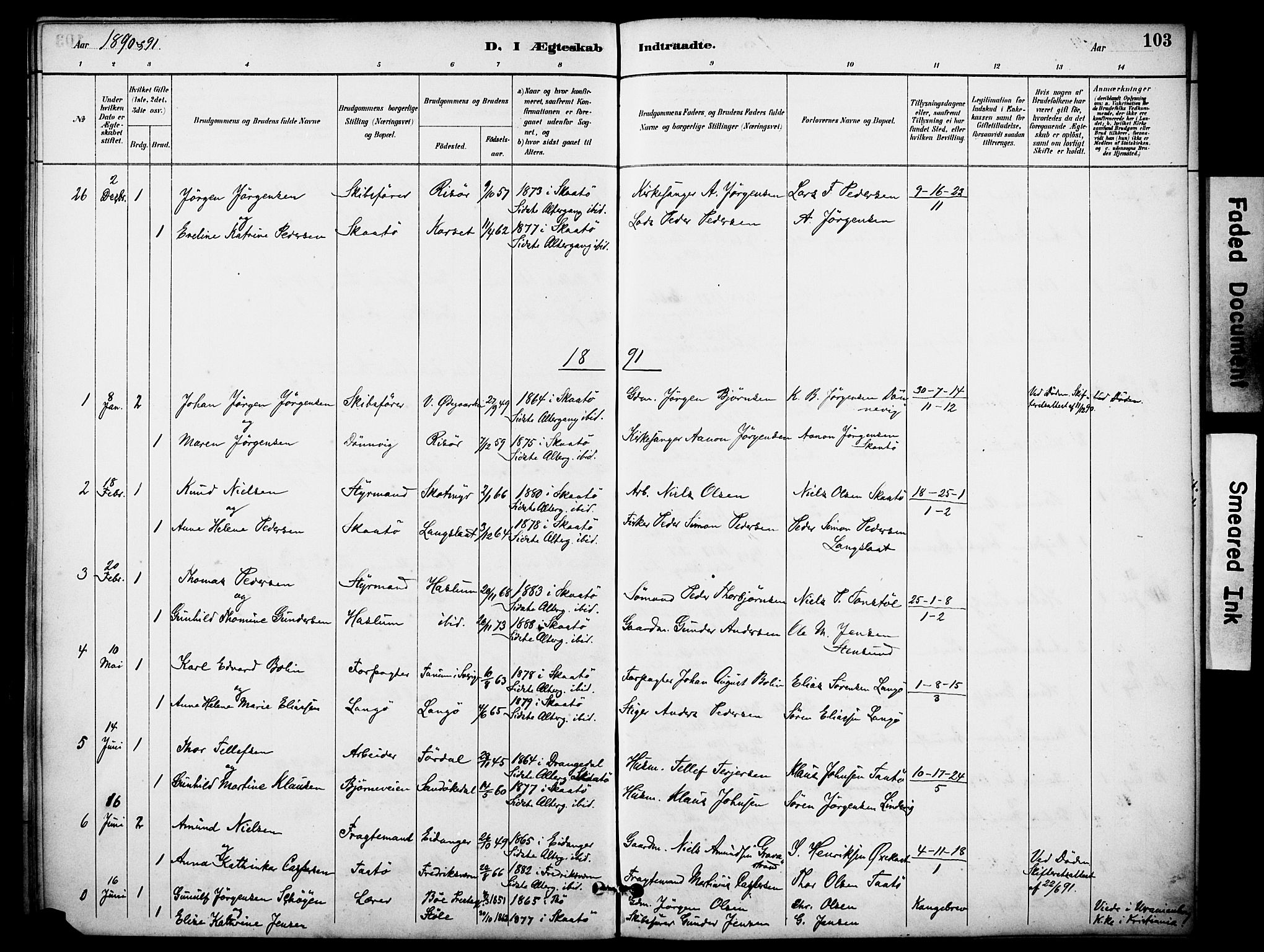 Skåtøy kirkebøker, AV/SAKO-A-304/F/Fa/L0003: Parish register (official) no. I 3, 1884-1899, p. 103