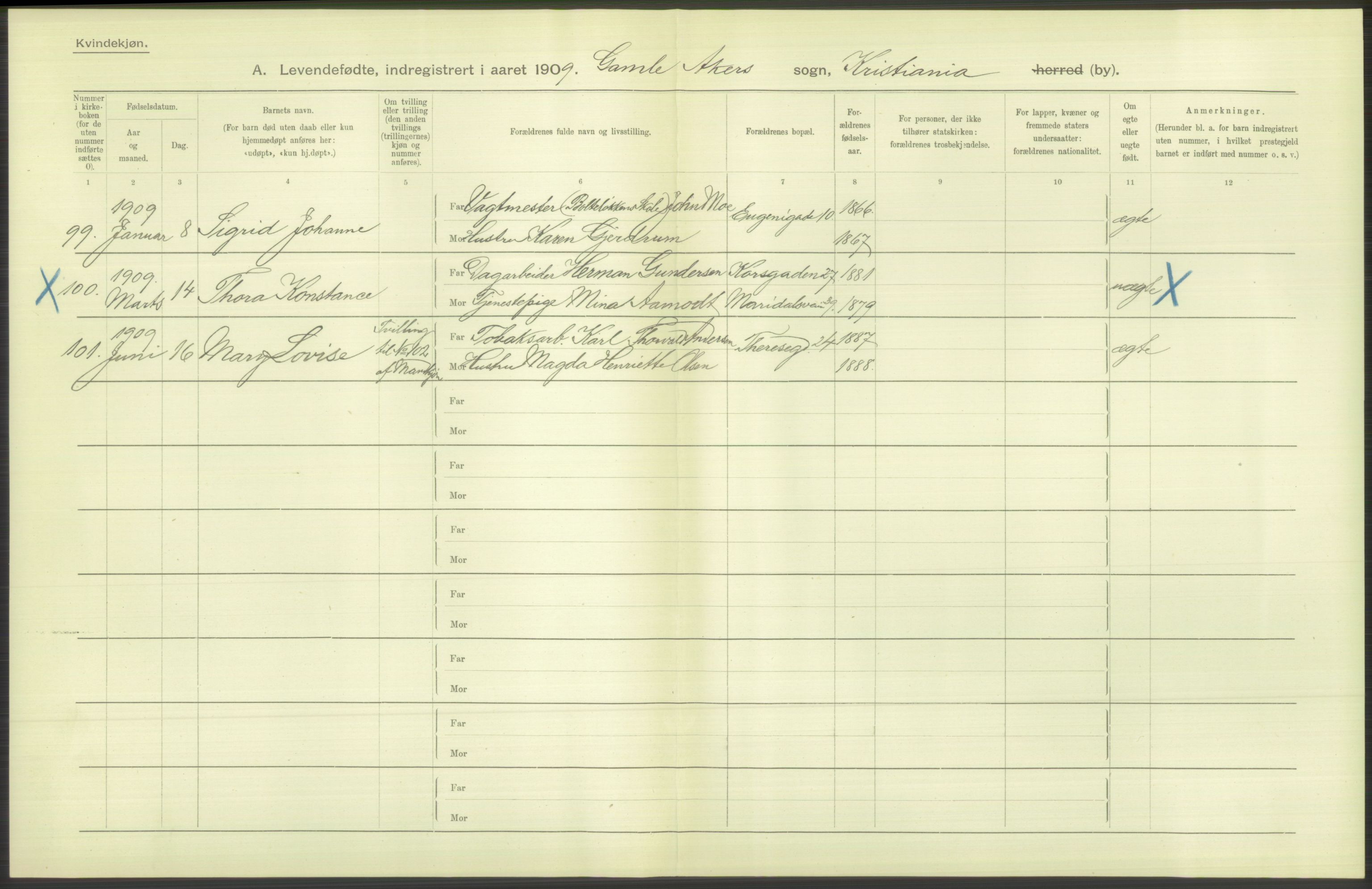 Statistisk sentralbyrå, Sosiodemografiske emner, Befolkning, AV/RA-S-2228/D/Df/Dfa/Dfag/L0007: Kristiania: Levendefødte menn og kvinner., 1909, p. 722