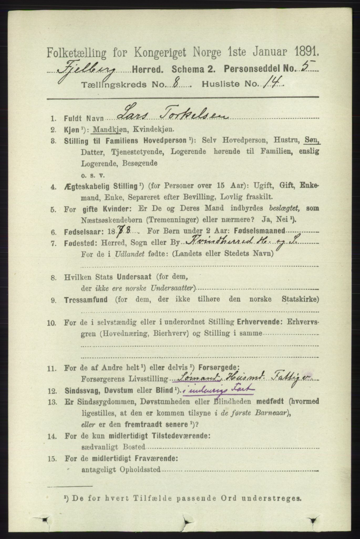 RA, 1891 census for 1213 Fjelberg, 1891, p. 3018