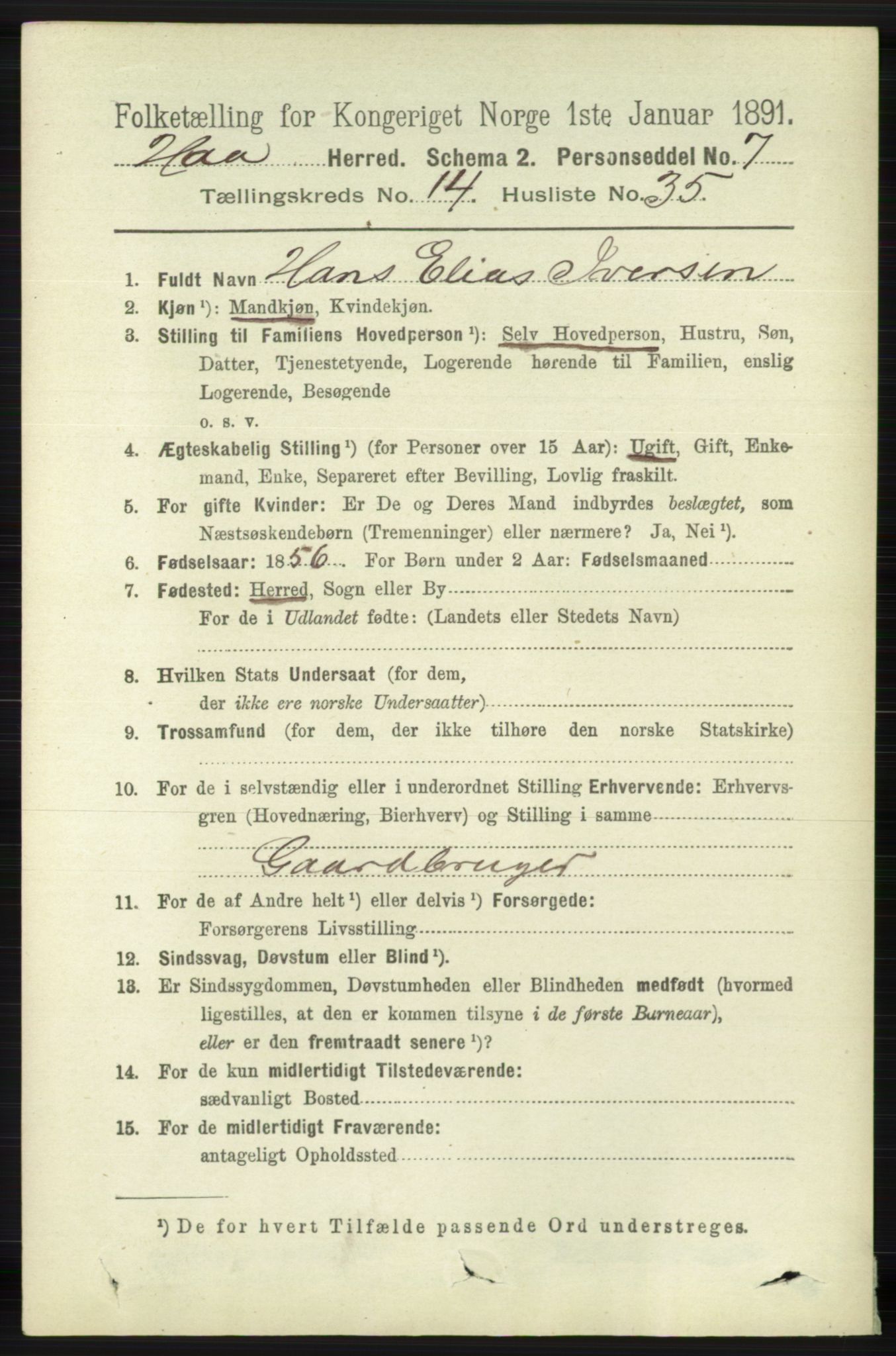 RA, 1891 census for 1119 Hå, 1891, p. 3577