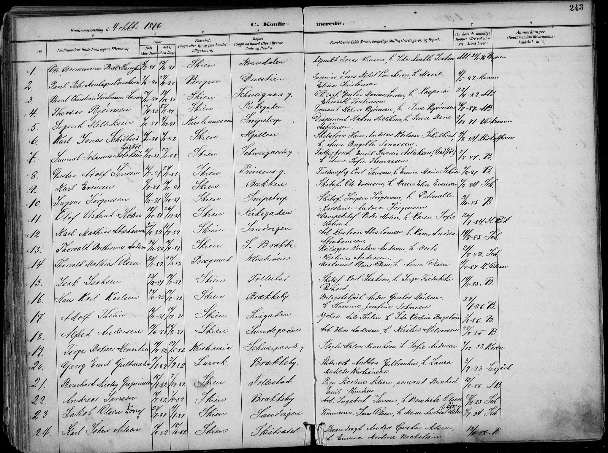 Skien kirkebøker, AV/SAKO-A-302/F/Fa/L0010: Parish register (official) no. 10, 1891-1899, p. 243