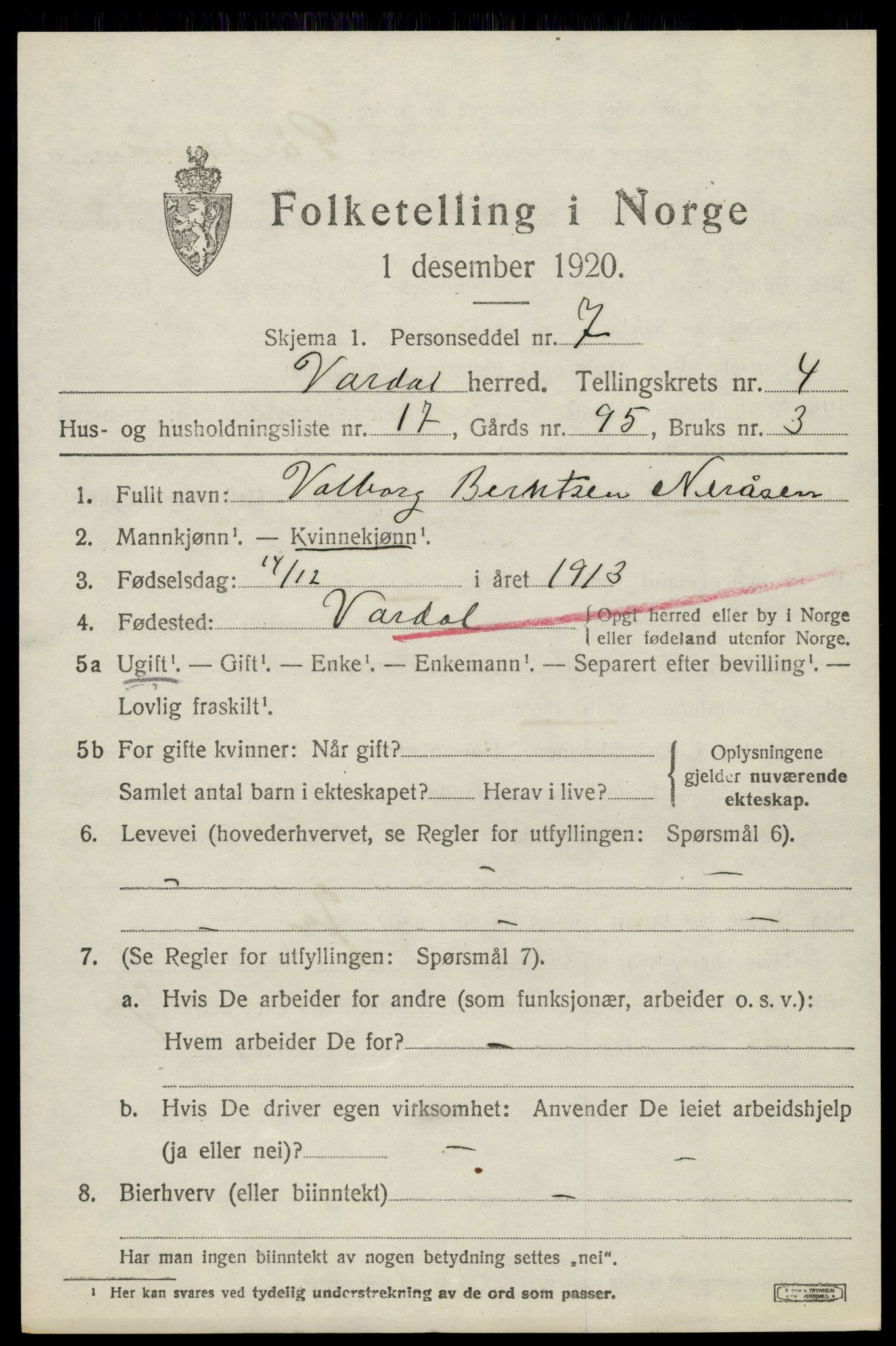 SAH, 1920 census for Vardal, 1920, p. 3033