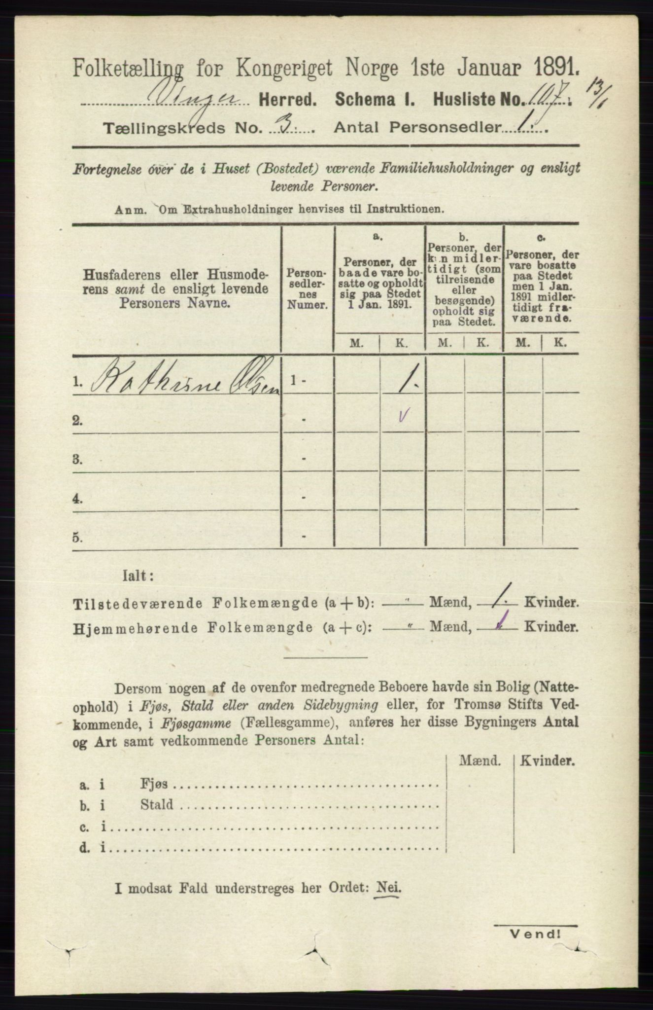 RA, 1891 census for 0421 Vinger, 1891, p. 885