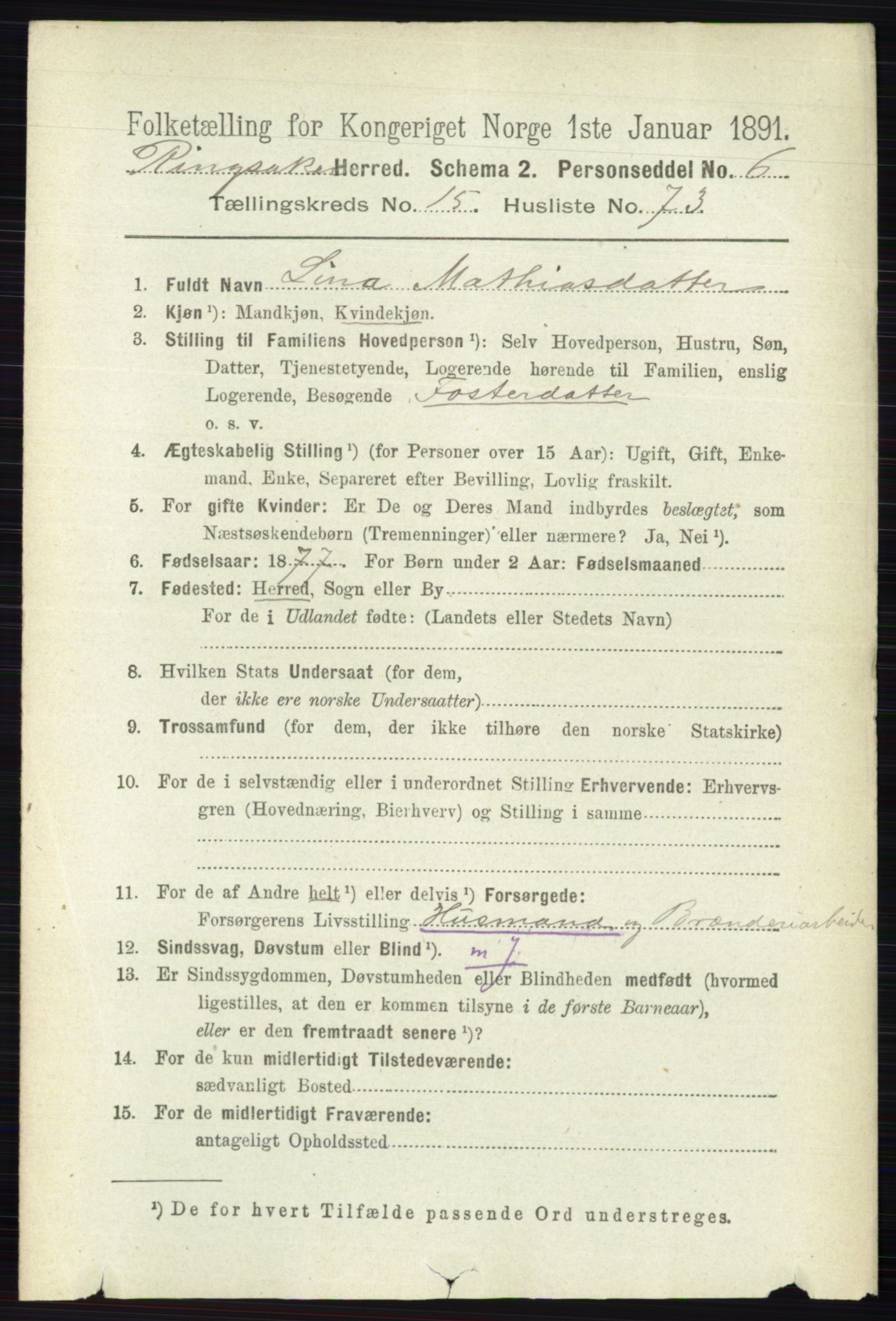 RA, 1891 census for 0412 Ringsaker, 1891, p. 8930