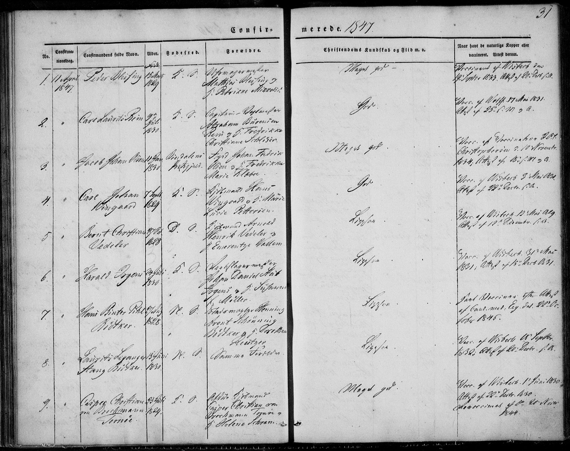 Korskirken sokneprestembete, SAB/A-76101/H/Haa/L0026: Parish register (official) no. C 2, 1842-1854, p. 31