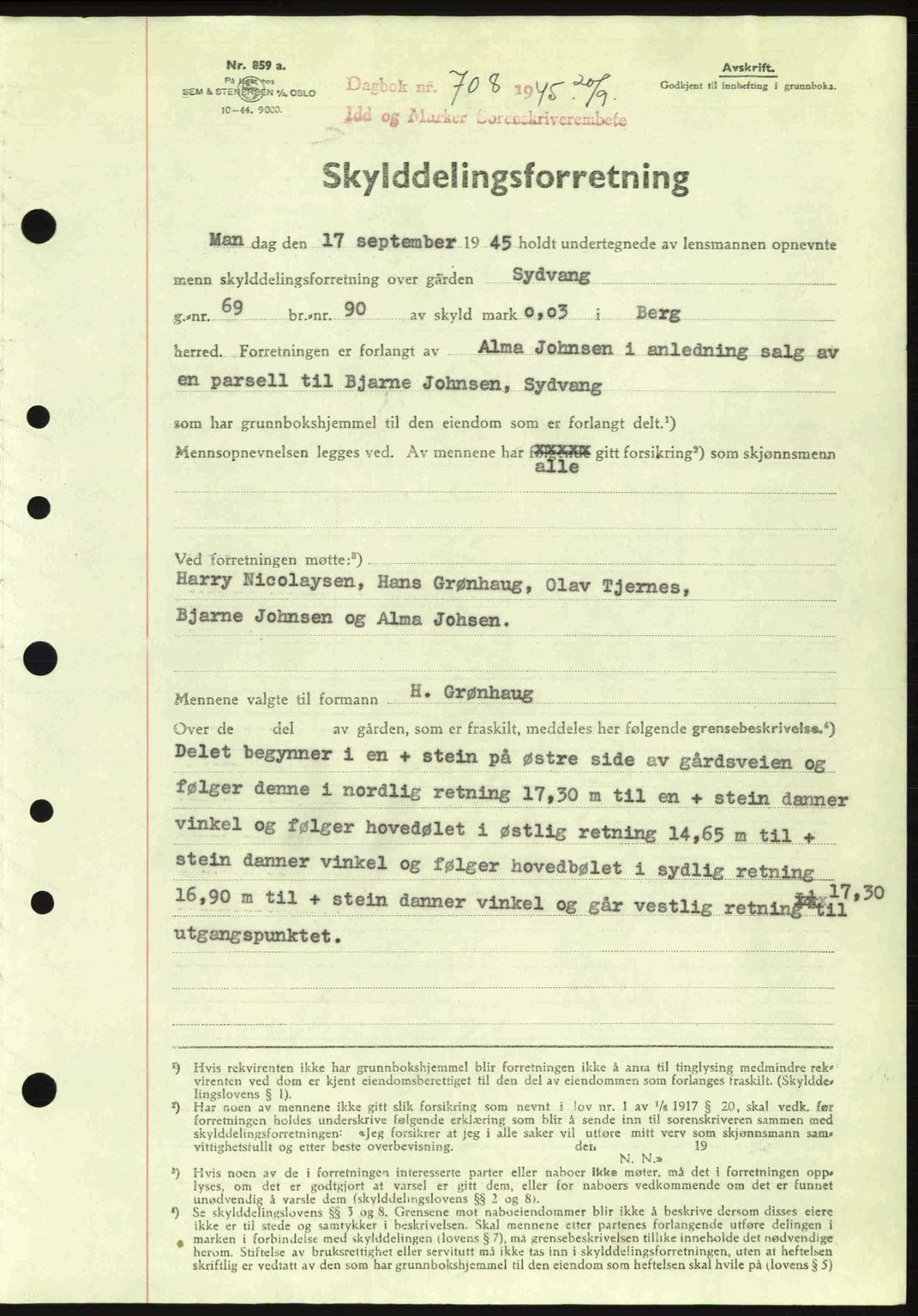 Idd og Marker sorenskriveri, AV/SAO-A-10283/G/Gb/Gbb/L0007: Mortgage book no. A7, 1944-1945, Diary no: : 708/1945