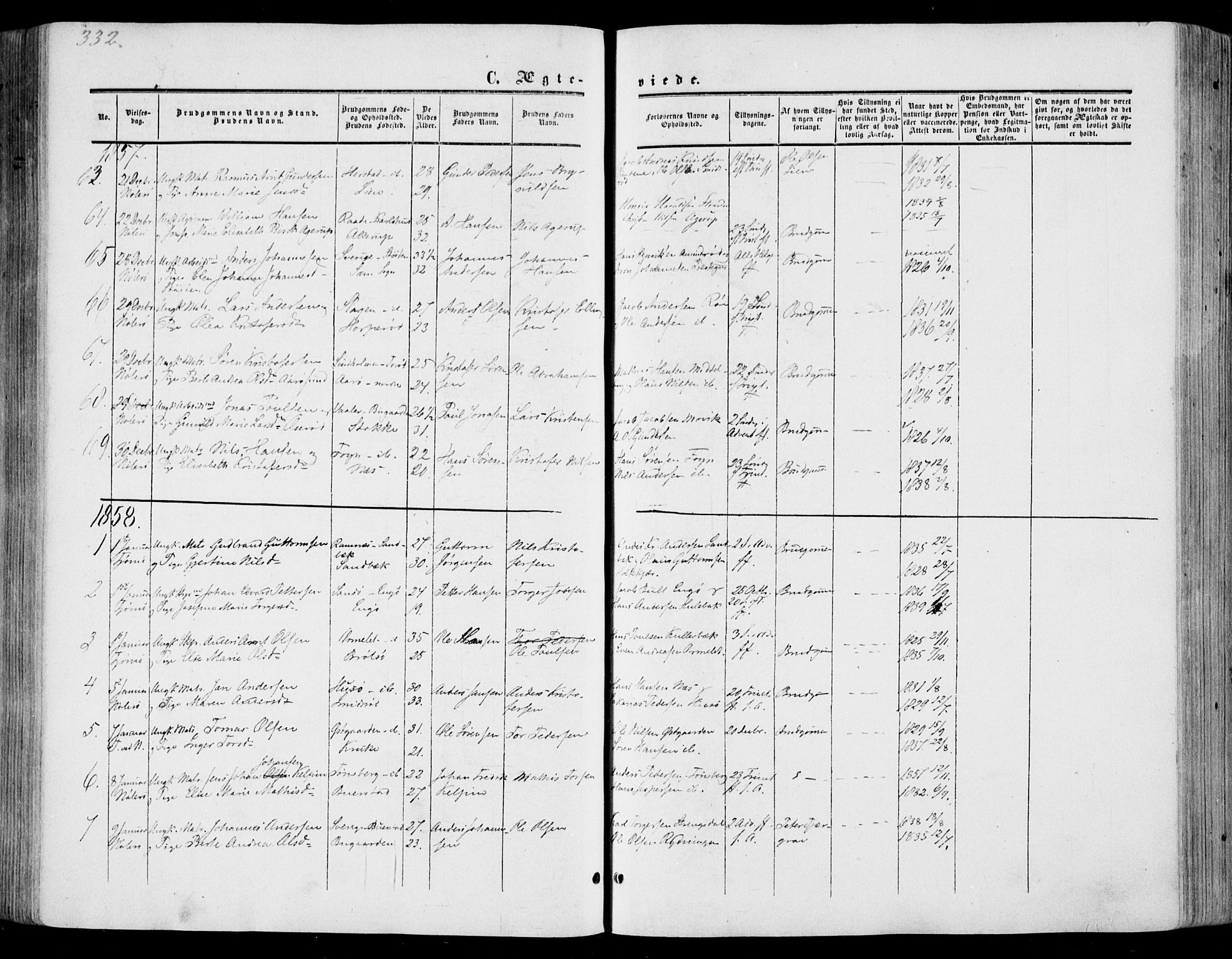 Nøtterøy kirkebøker, AV/SAKO-A-354/F/Fa/L0006: Parish register (official) no. I 6, 1852-1864, p. 332