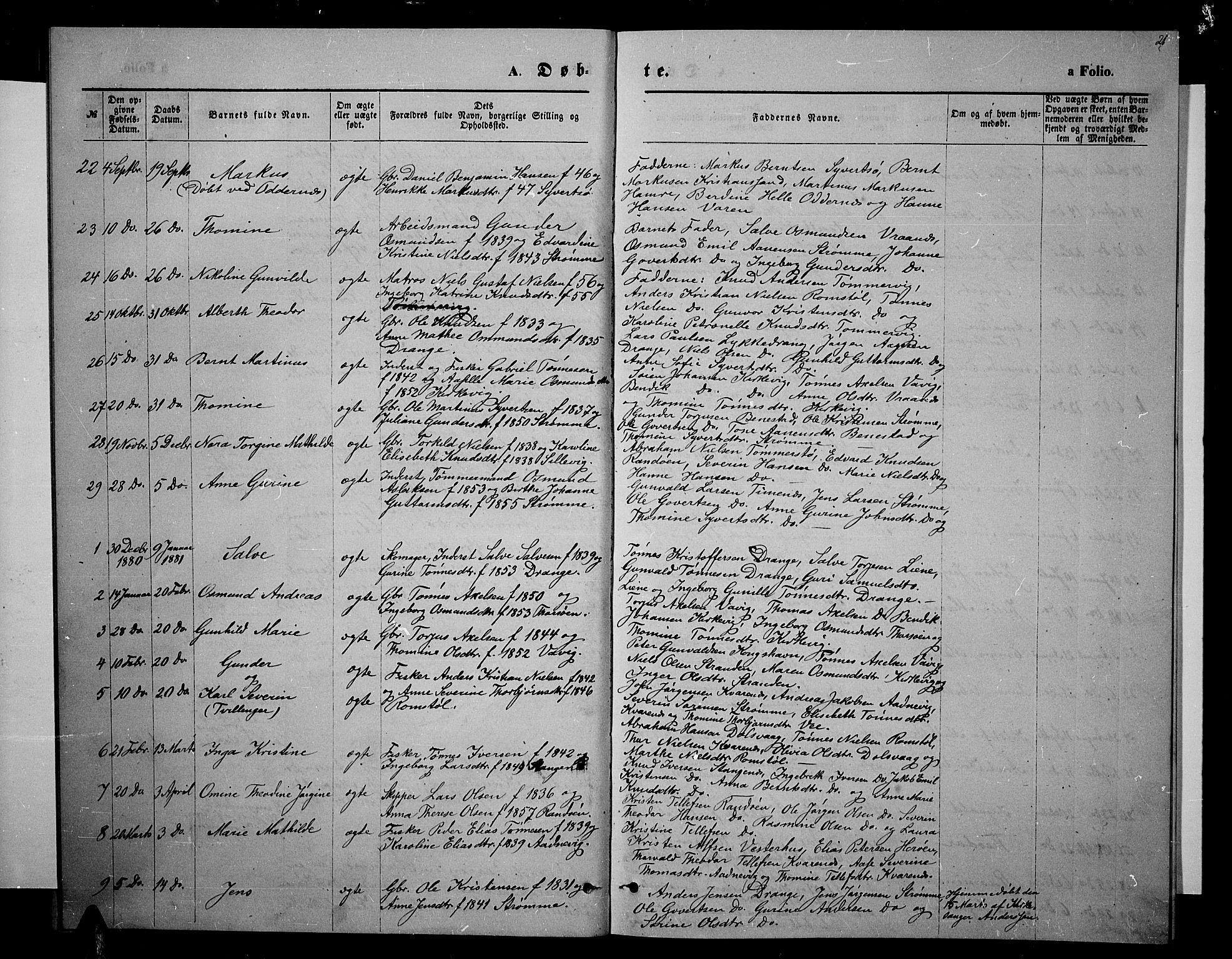 Oddernes sokneprestkontor, AV/SAK-1111-0033/F/Fb/Fbb/L0001: Parish register (copy) no. B 1, 1871-1888, p. 21