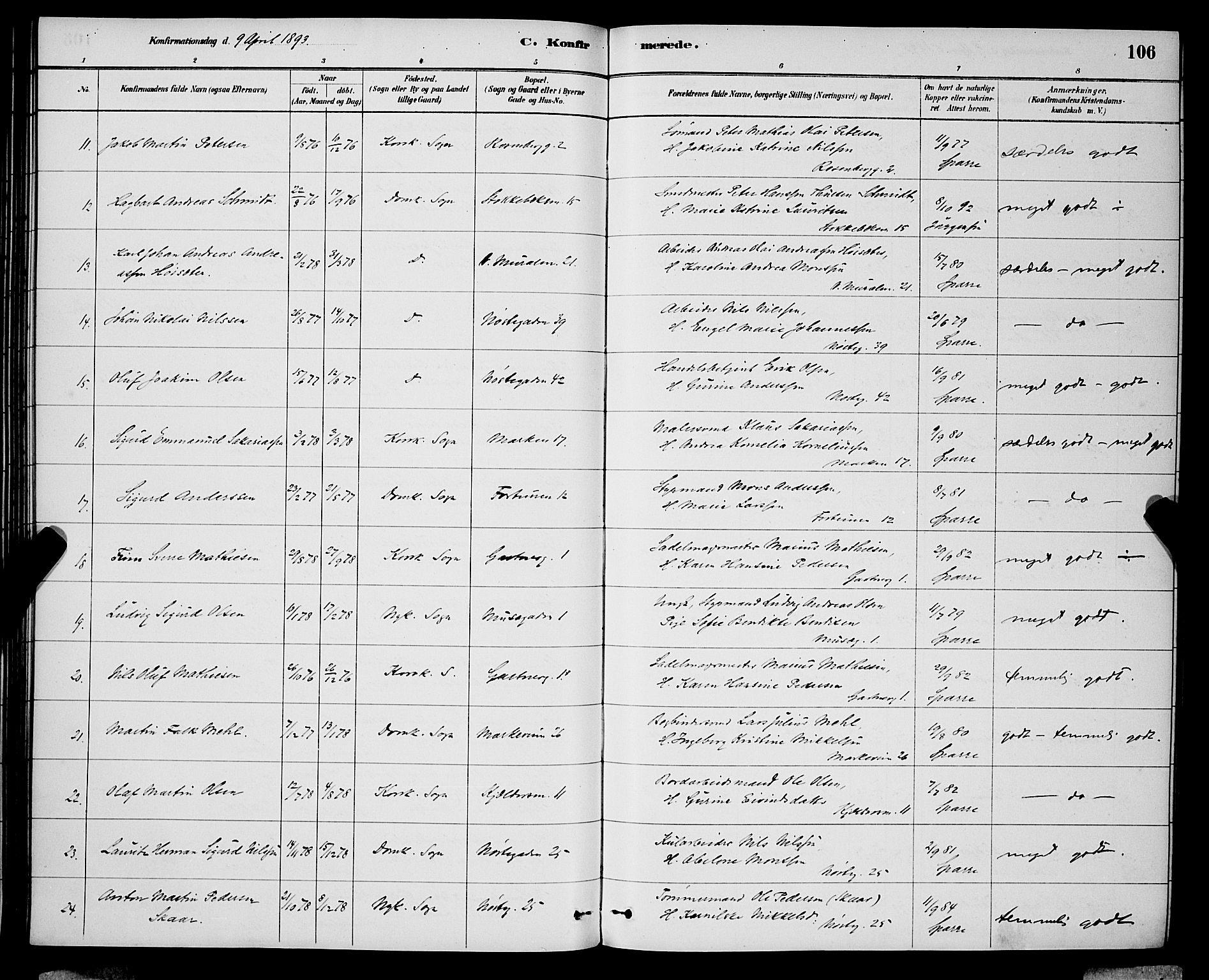 Domkirken sokneprestembete, SAB/A-74801/H/Hab/L0024: Parish register (copy) no. C 4, 1880-1899, p. 106