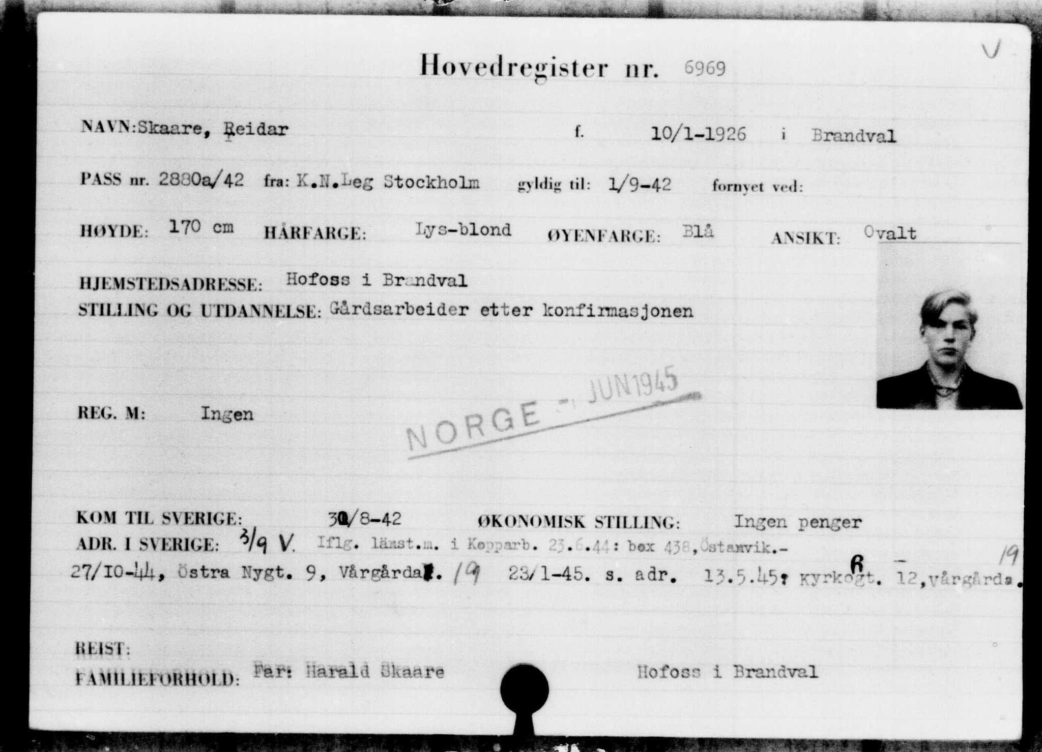 Utenriksstasjonene, Legasjonen i Stockholm, Flyktningkontoret, AV/RA-S-6753/V/Va/L0005: Kjesäterkartoteket, flyktninger med registreringsnr. 6600-9417, 1940-1945, p. 449