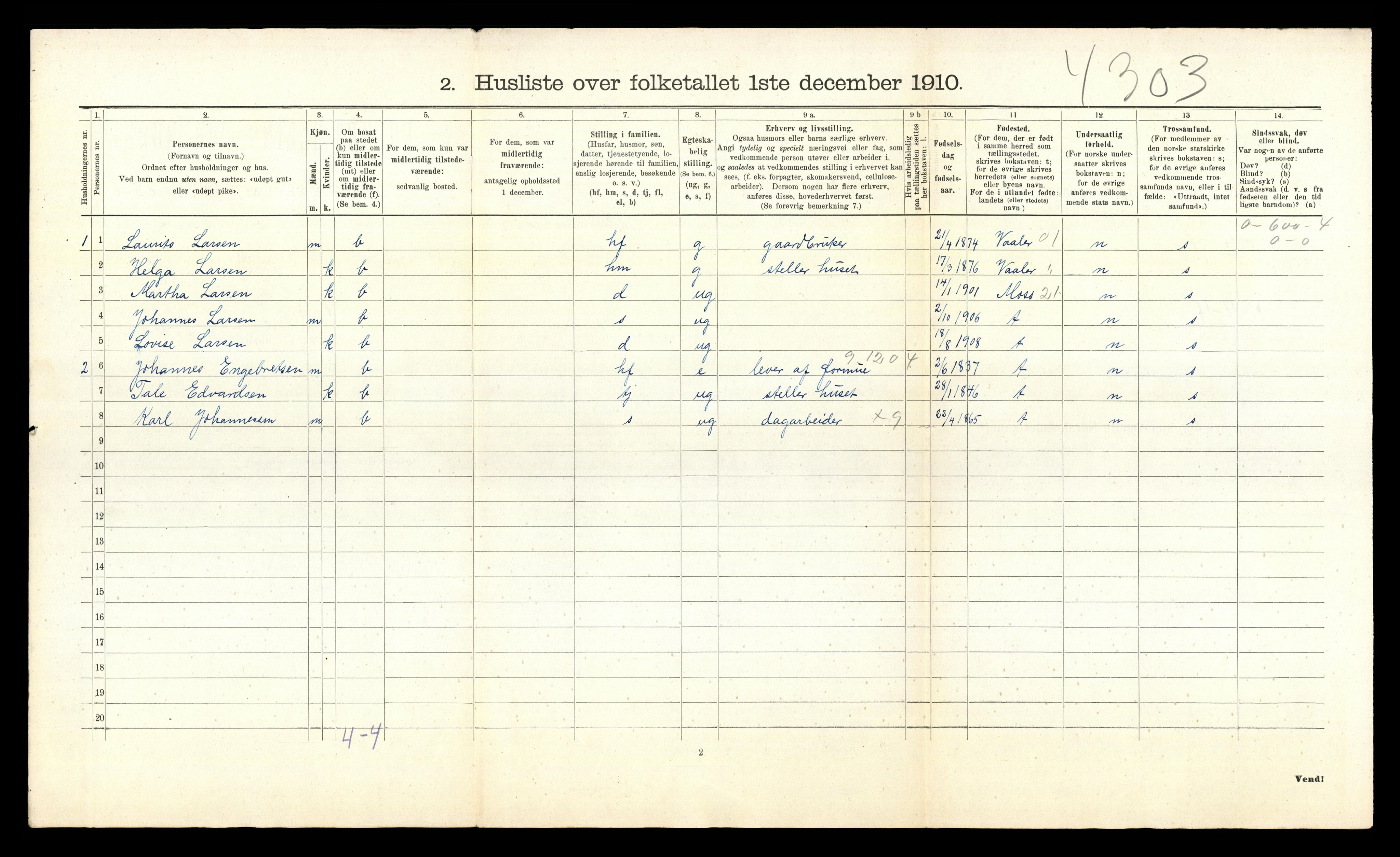 RA, 1910 census for Vestby, 1910, p. 533