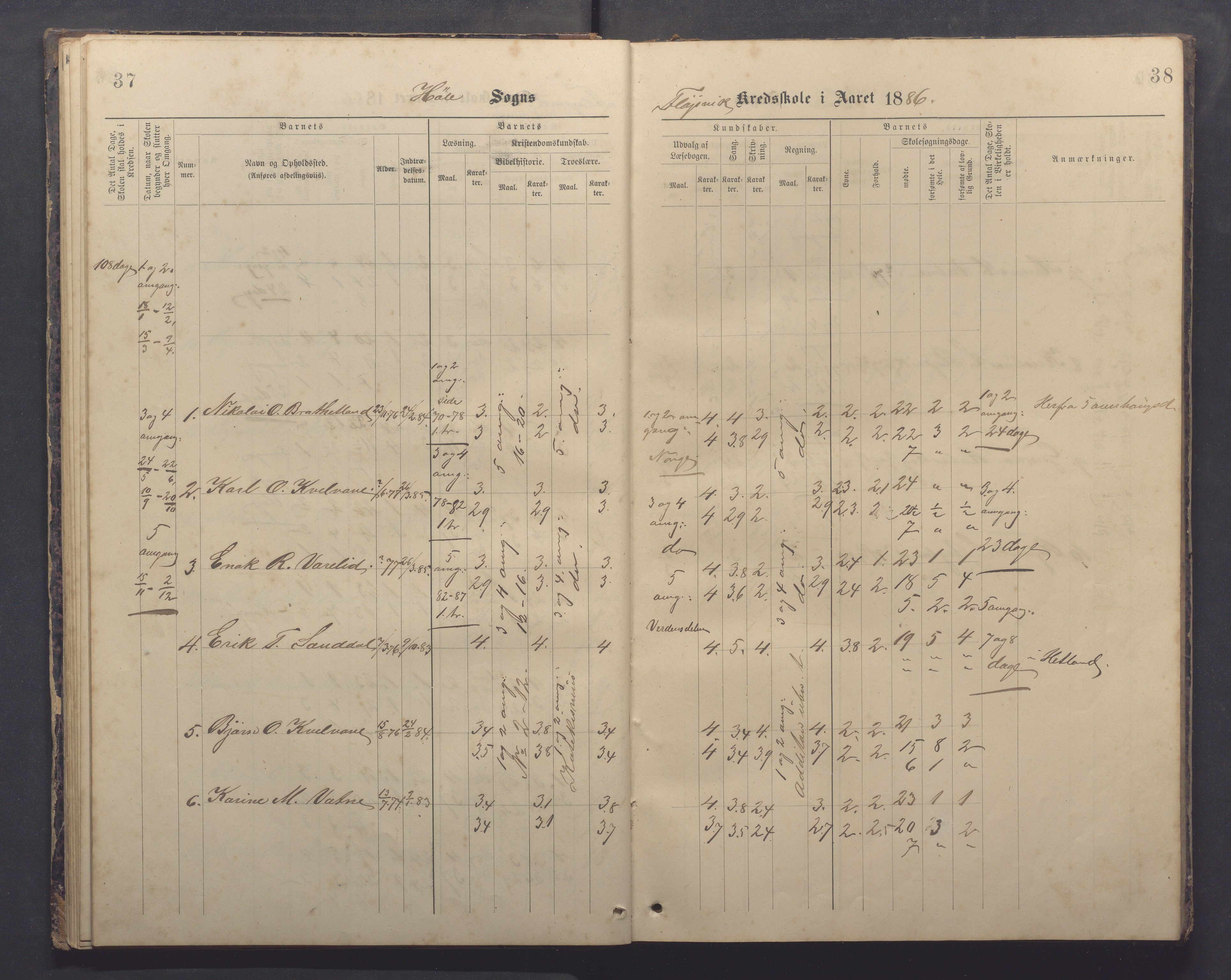 Høle kommune - Tengesdal skole, IKAR/K-100033/F/L0001: Skoleprotokoll, 1884-1893, p. 37-38