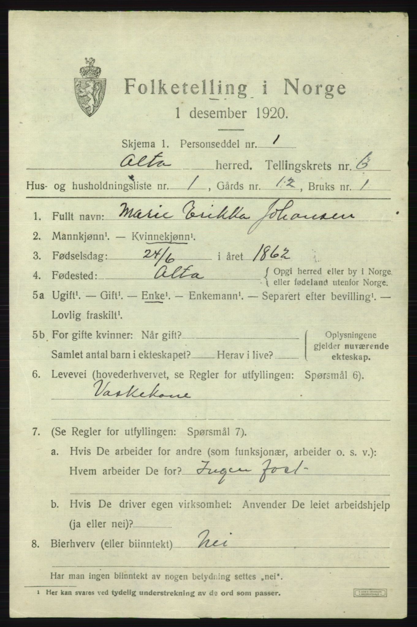 SATØ, 1920 census for Alta, 1920, p. 3885