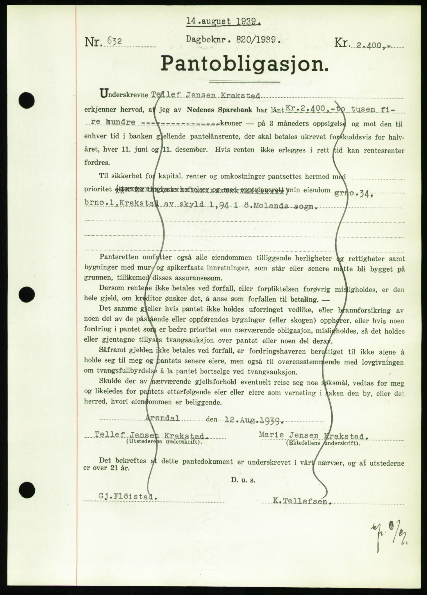 Nedenes sorenskriveri, AV/SAK-1221-0006/G/Gb/Gbb/L0001: Mortgage book no. I, 1939-1942, Diary no: : 820/1939