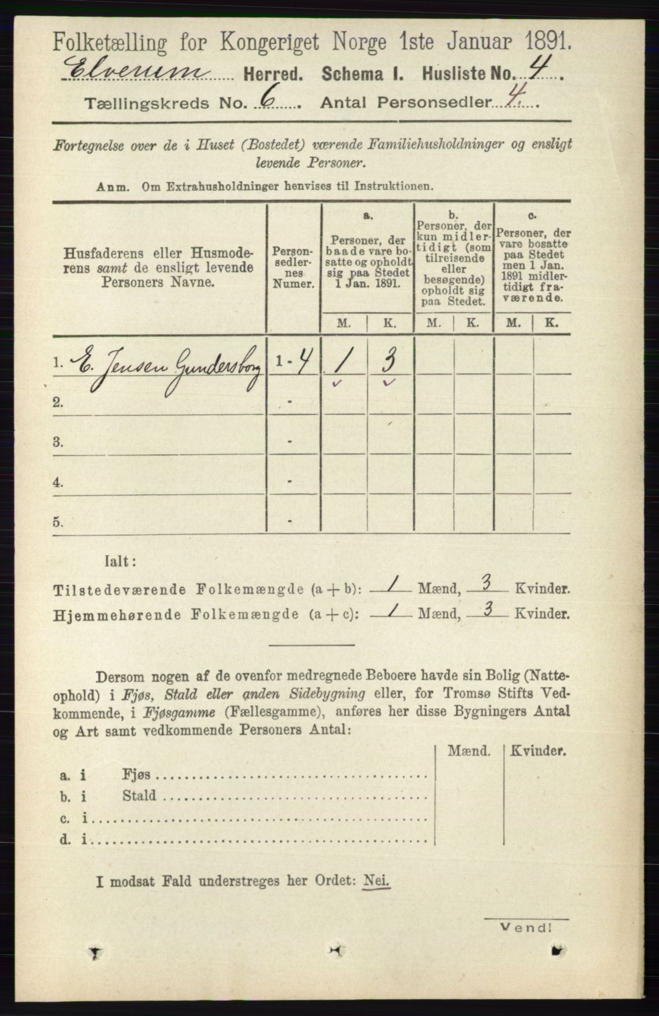 RA, 1891 census for 0427 Elverum, 1891, p. 4158