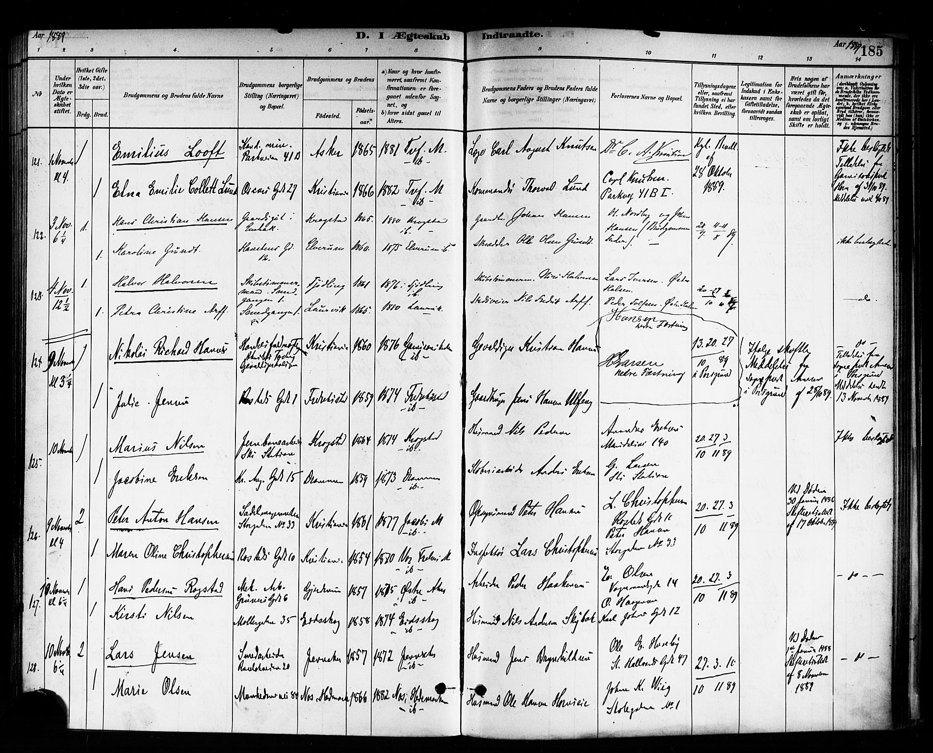 Trefoldighet prestekontor Kirkebøker, AV/SAO-A-10882/F/Fc/L0003: Parish register (official) no. III 3, 1881-1891, p. 185