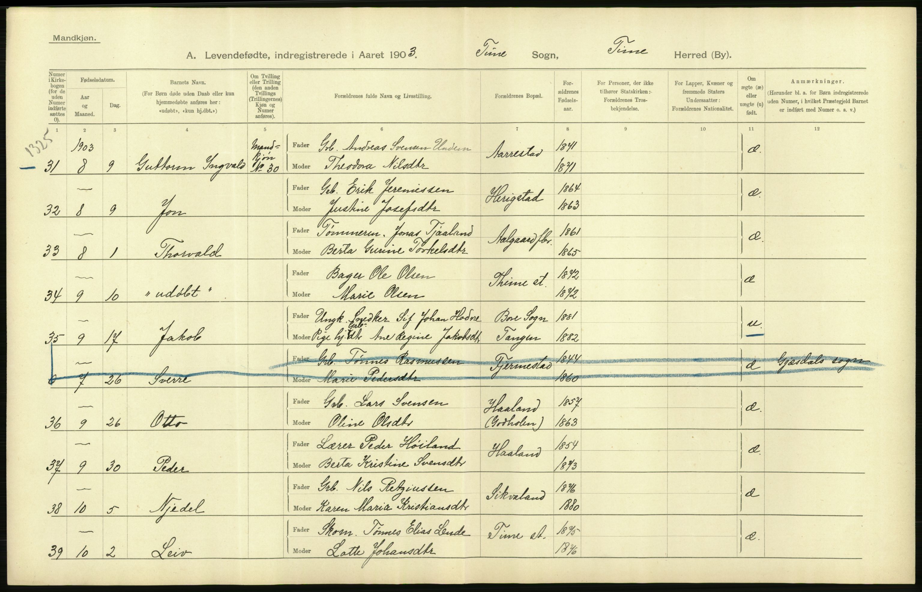 Statistisk sentralbyrå, Sosiodemografiske emner, Befolkning, AV/RA-S-2228/D/Df/Dfa/Dfaa/L0012: Stavanger amt: Fødte, gifte, døde, 1903, p. 28