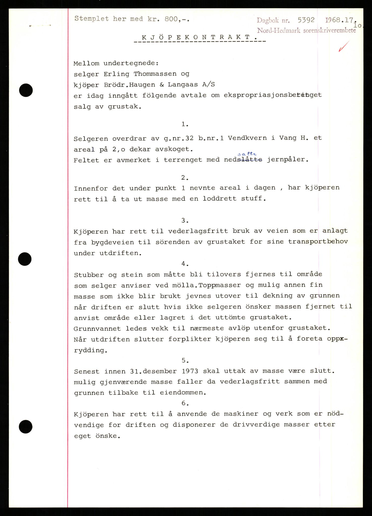 Nord-Hedmark sorenskriveri, SAH/TING-012/H/Hb/Hbf/L0077: Mortgage book no. B77, 1968-1969, Diary no: : 5392/1968