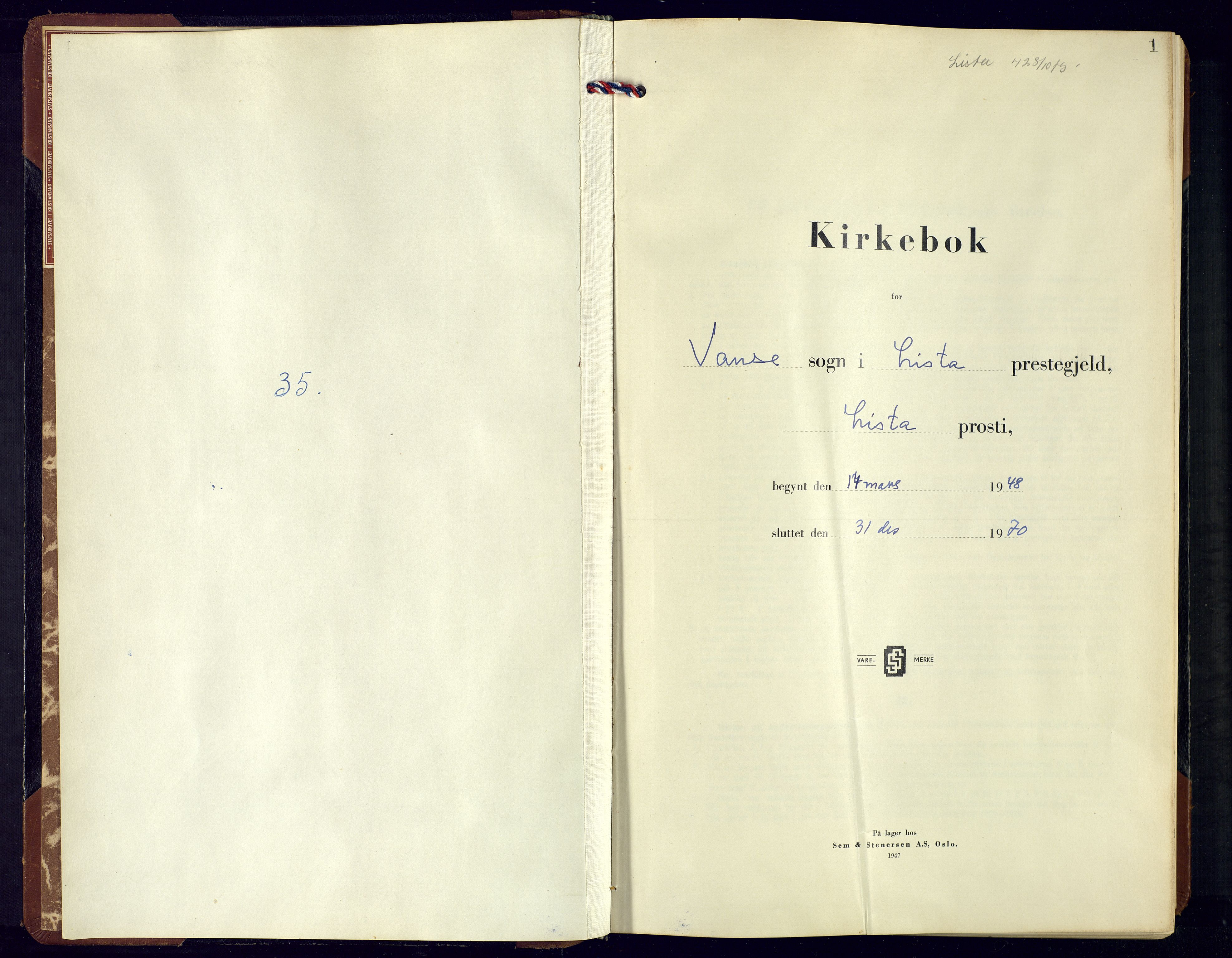 Lista sokneprestkontor, AV/SAK-1111-0027/F/Fb/L0007: Parish register (copy) no. B 7, 1943-1970, p. 1