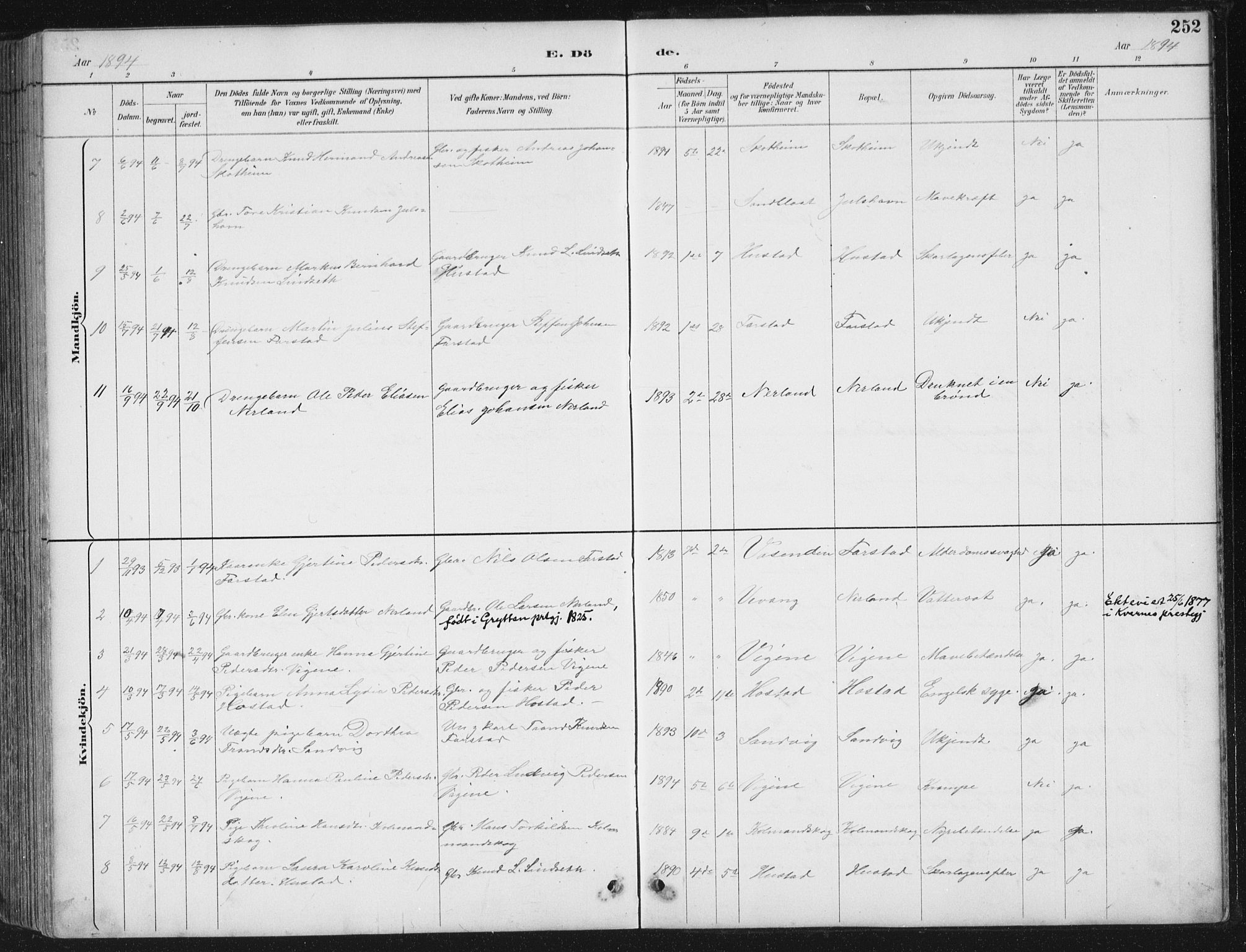 Ministerialprotokoller, klokkerbøker og fødselsregistre - Møre og Romsdal, AV/SAT-A-1454/567/L0783: Parish register (copy) no. 567C03, 1887-1903, p. 252