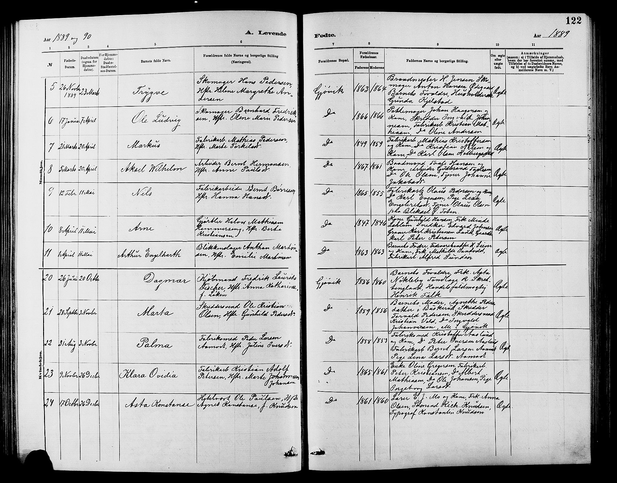 Vardal prestekontor, SAH/PREST-100/H/Ha/Hab/L0007: Parish register (copy) no. 7 /2, 1881-1895, p. 122