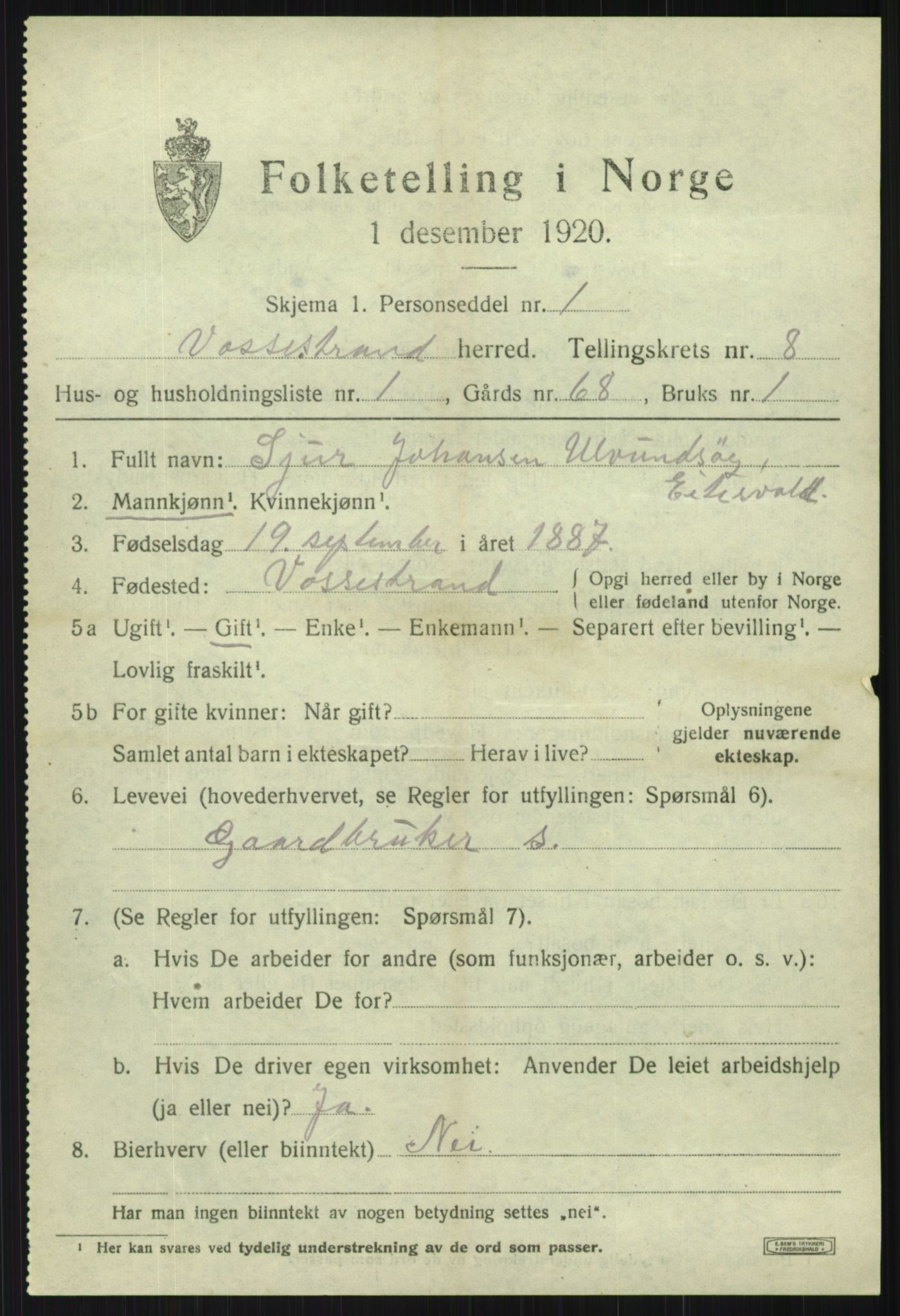 SAB, 1920 census for Vossestrand, 1920, p. 3514