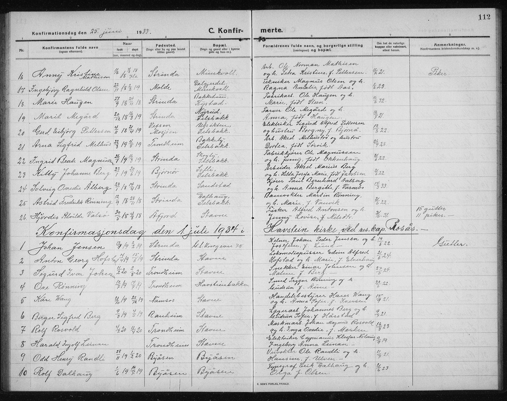 Ministerialprotokoller, klokkerbøker og fødselsregistre - Sør-Trøndelag, SAT/A-1456/611/L0356: Parish register (copy) no. 611C04, 1914-1938, p. 112