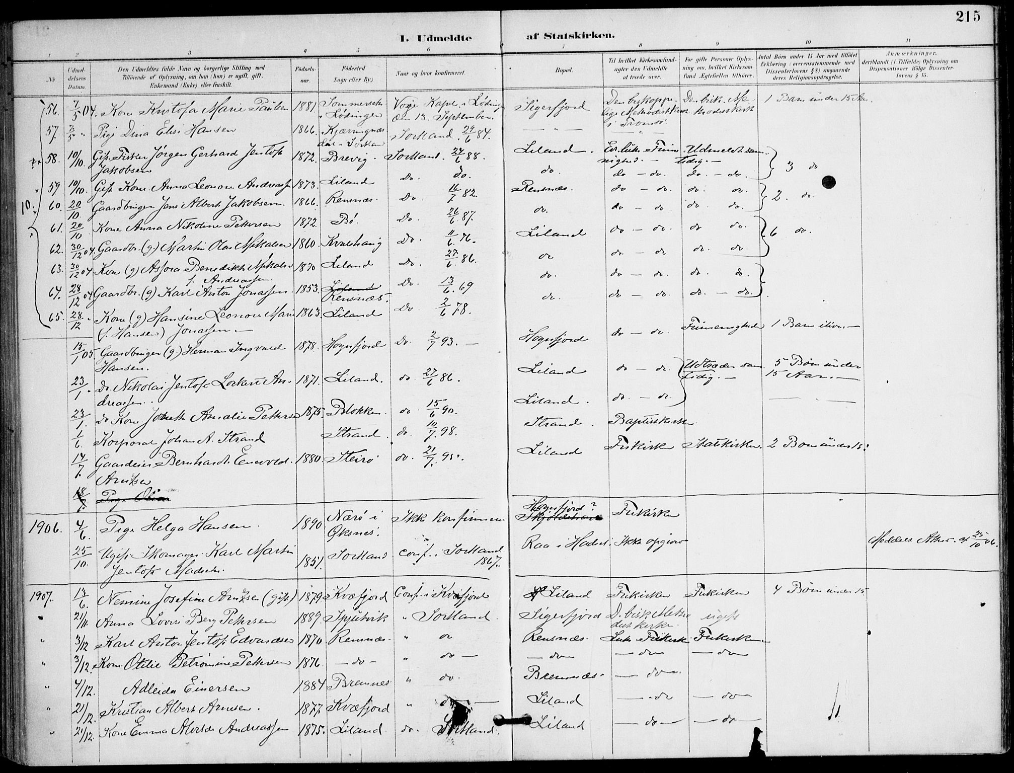 Ministerialprotokoller, klokkerbøker og fødselsregistre - Nordland, AV/SAT-A-1459/895/L1372: Parish register (official) no. 895A07, 1894-1914, p. 215