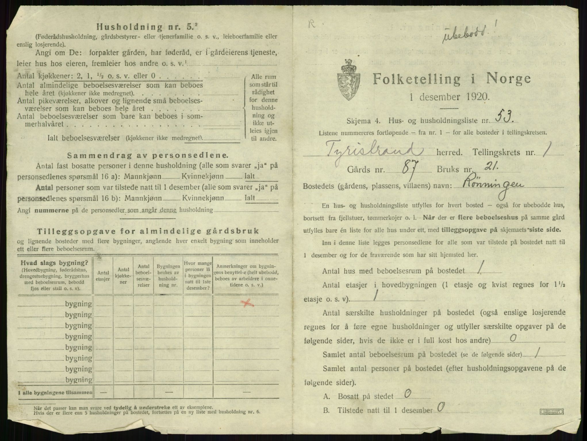 SAKO, 1920 census for Tyristrand, 1920, p. 129