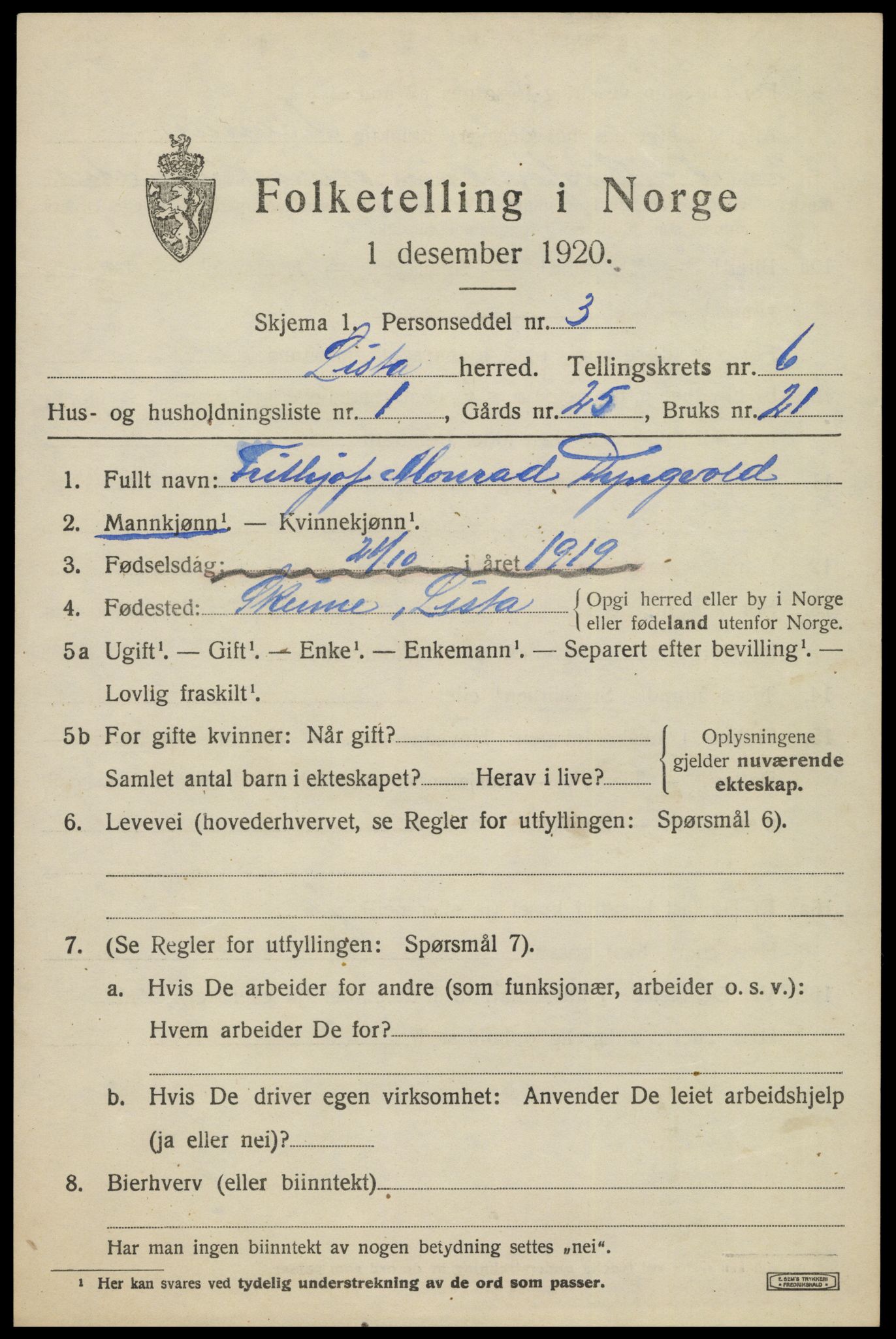 SAK, 1920 census for Lista, 1920, p. 6375