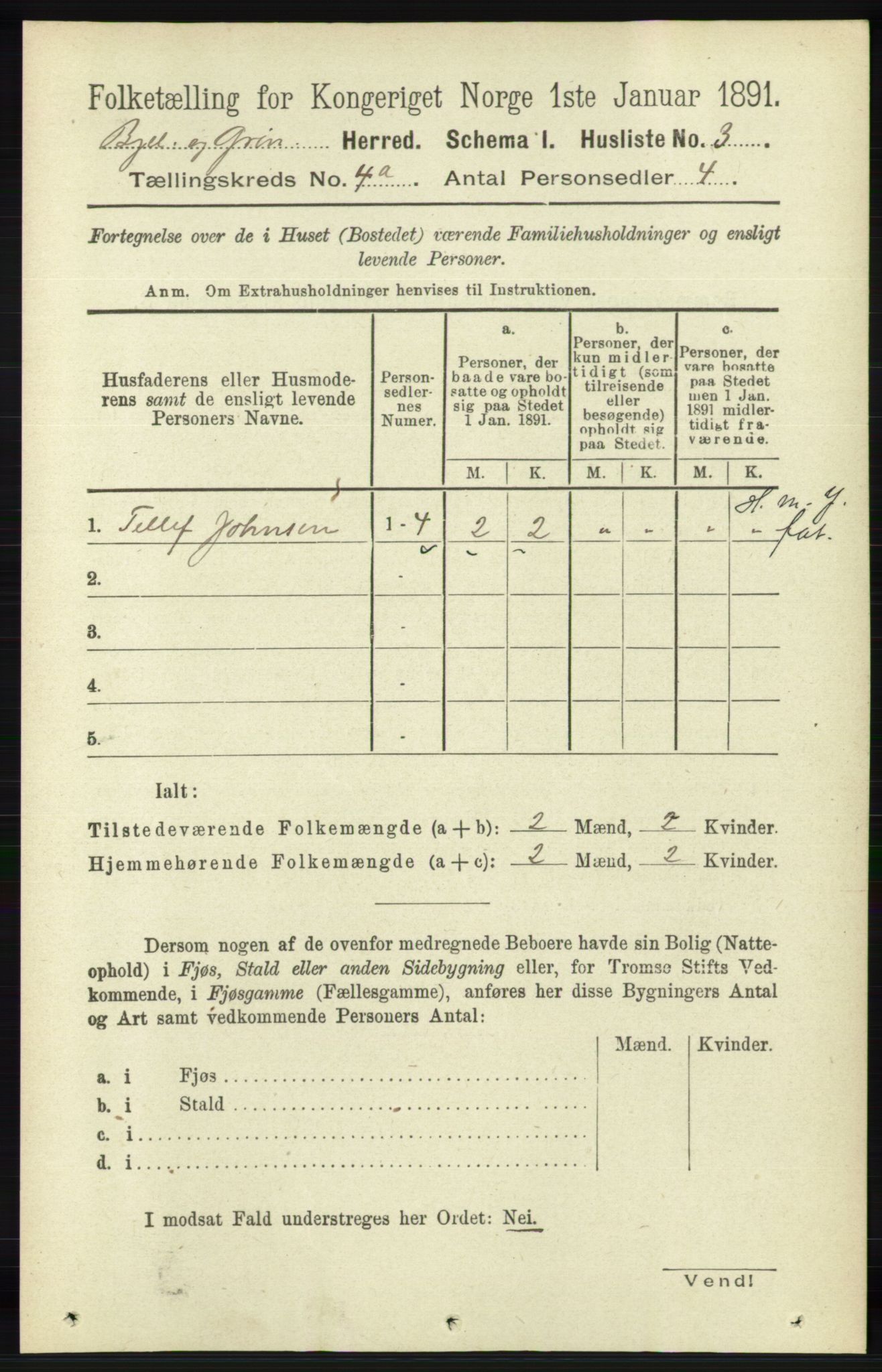 RA, 1891 census for 1024 Bjelland og Grindheim, 1891, p. 2029