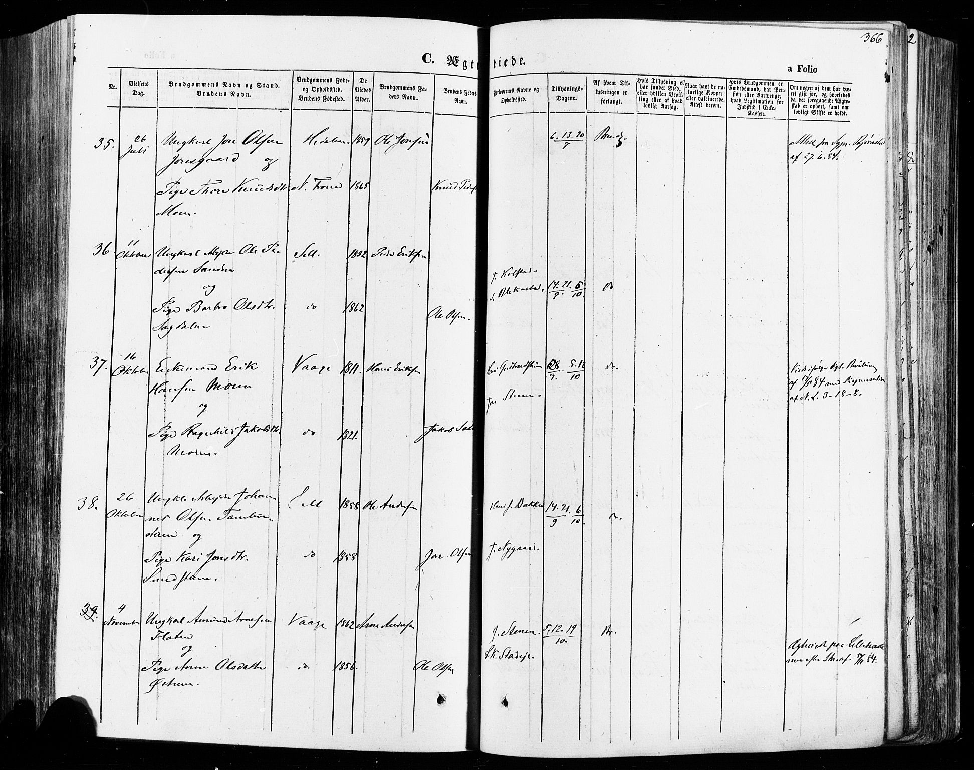 Vågå prestekontor, AV/SAH-PREST-076/H/Ha/Haa/L0007: Parish register (official) no. 7 /1, 1872-1886, p. 366