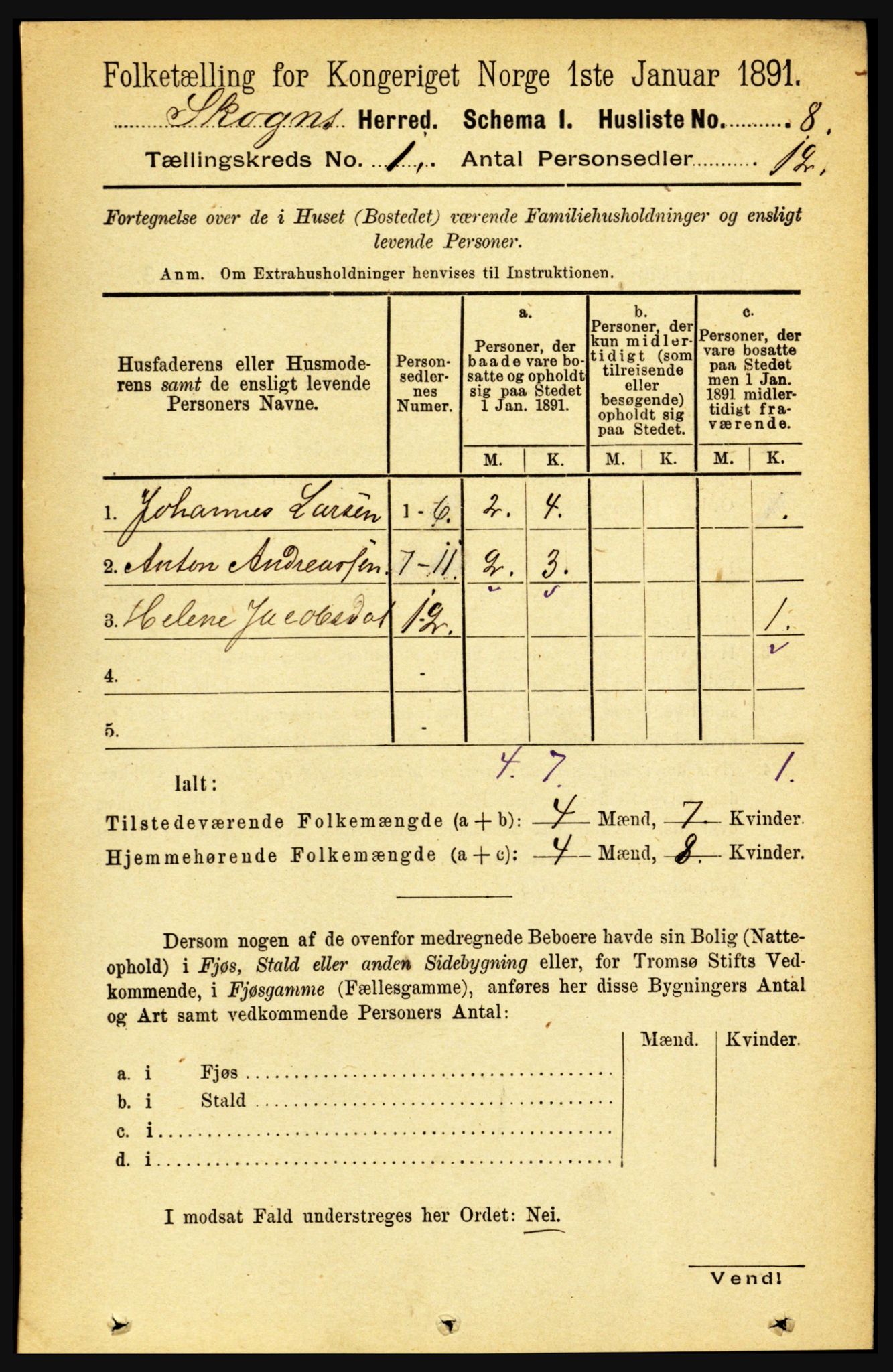 RA, 1891 census for 1719 Skogn, 1891, p. 32