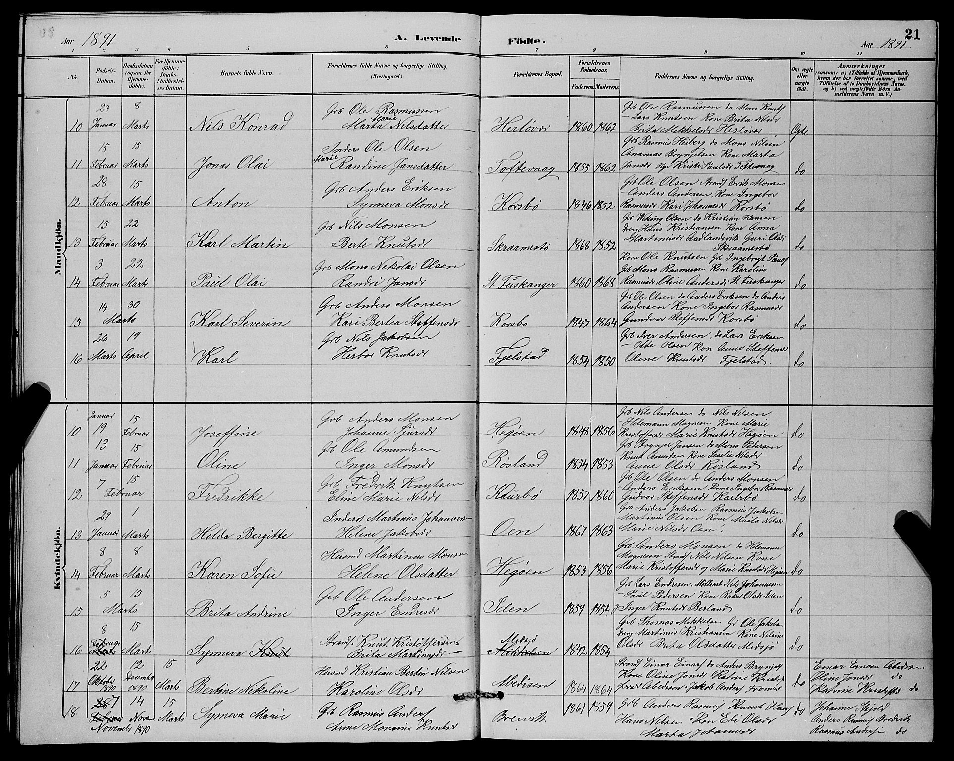 Herdla Sokneprestembete, SAB/A-75701/H/Hab: Parish register (copy) no. A 3, 1889-1899, p. 21